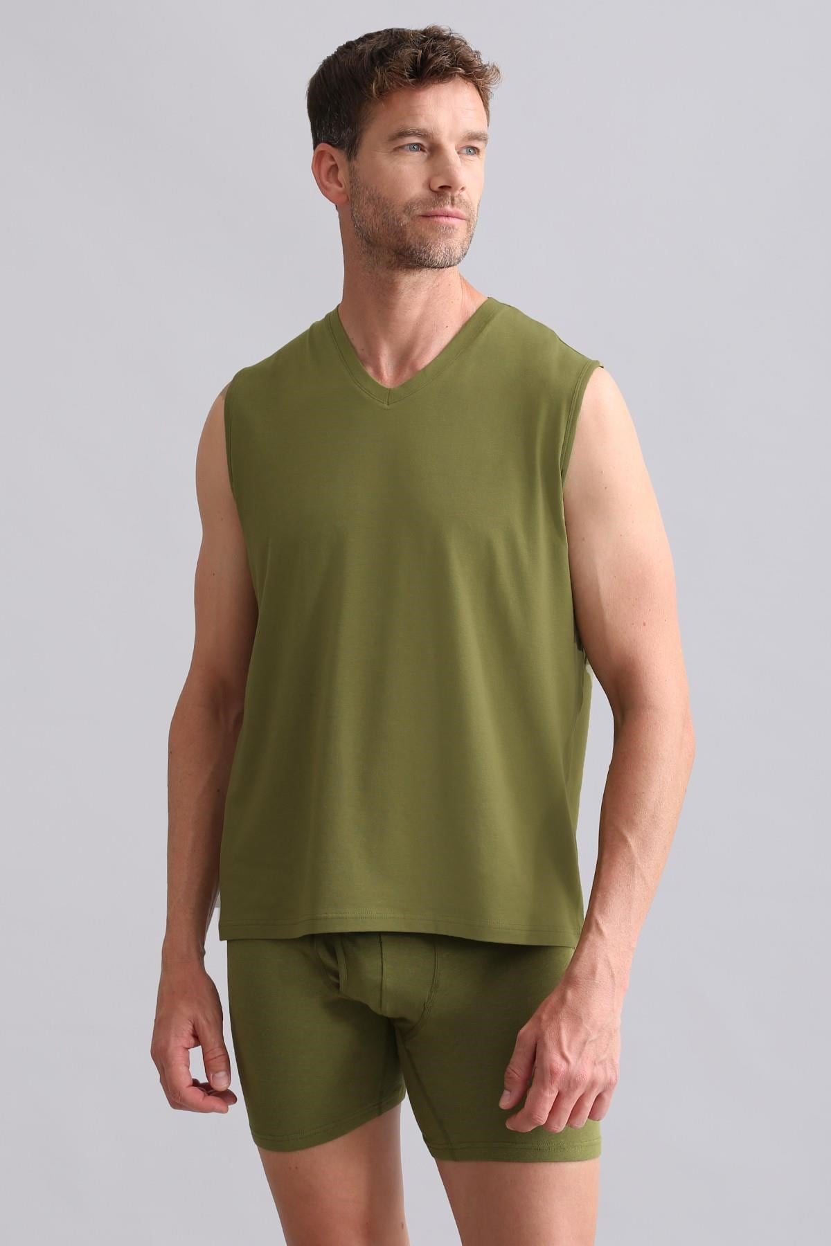 Mısırlı BAMBU ZEUS Regular Fit V Yaka Sporcu Atlet / T-Shirt Haki Yeşil