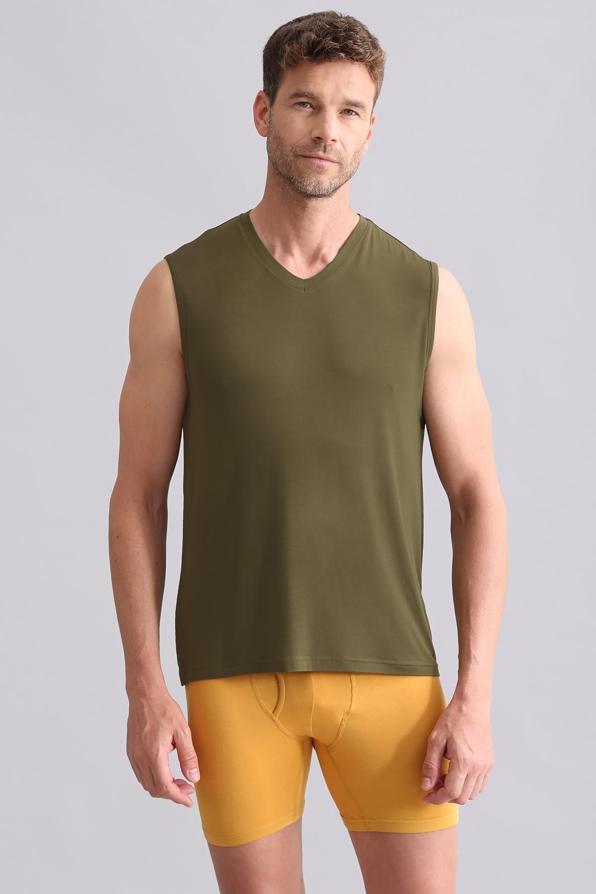 Mısırlı BAMBU ZEUS Regular Fit V Yaka Sporcu Atlet / T-Shirt Koyu Haki