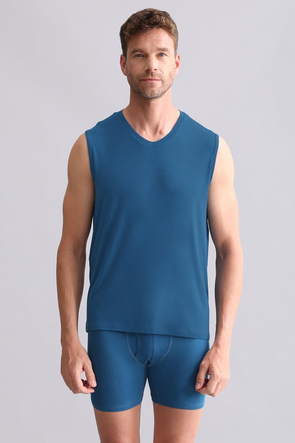 Mısırlı BAMBU ZEUS Regular Fit V Yaka Sporcu Atlet / T-Shirt Petrol Mavi