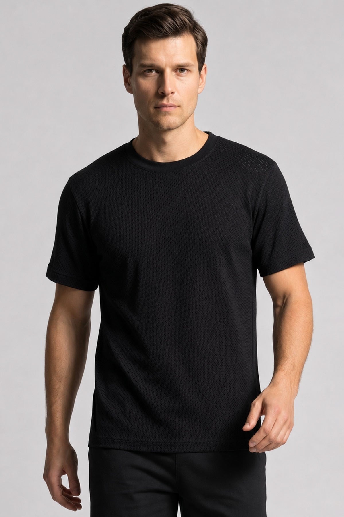 Mısırlı Erkek Jakarlı Pamuk Bisiklet Yaka T-shirt Siyah