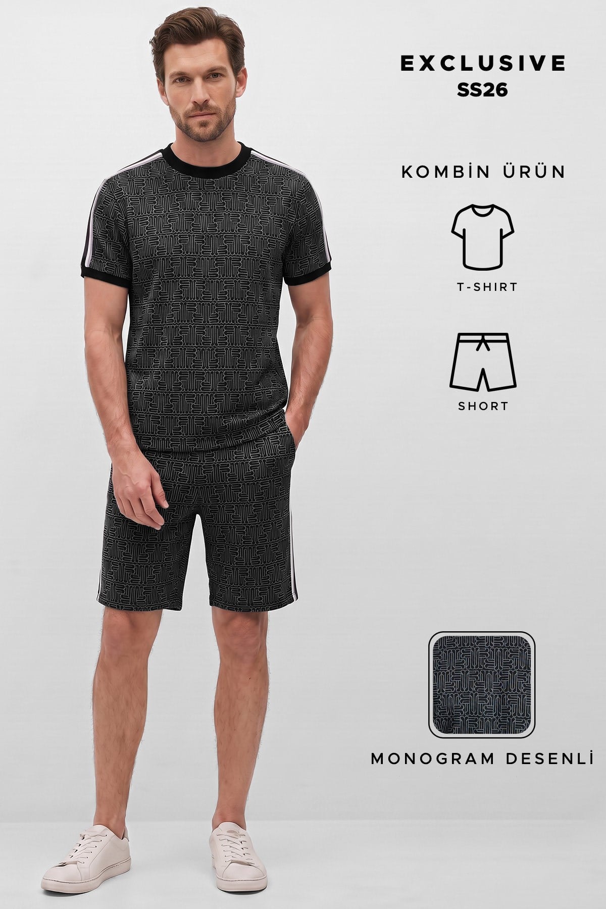 Mısırlı Erkek Monogram Desenli Slim Fit Tshirt Sort Takım Siyah