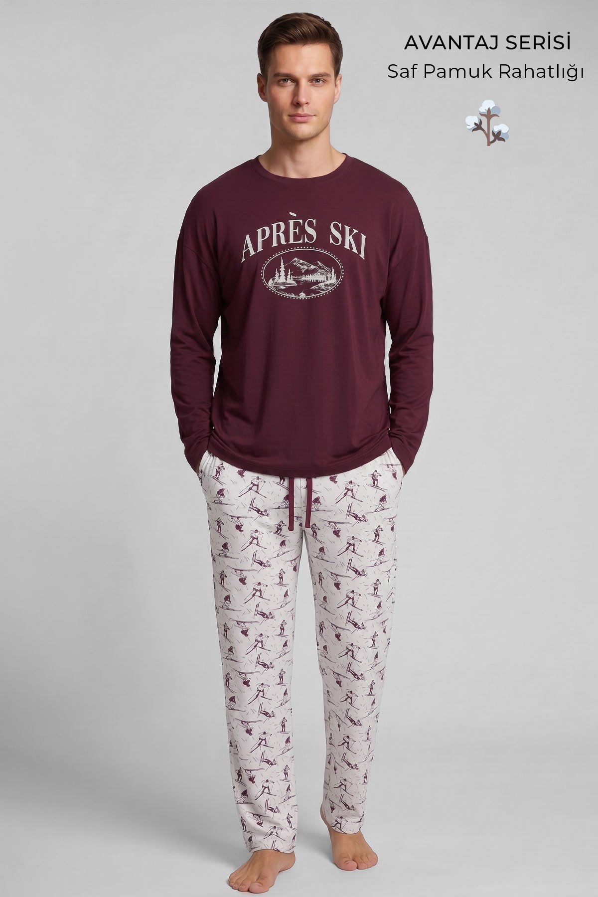 Mısırlı Erkek Pamuk Baskılı Pijama Takım Bordo