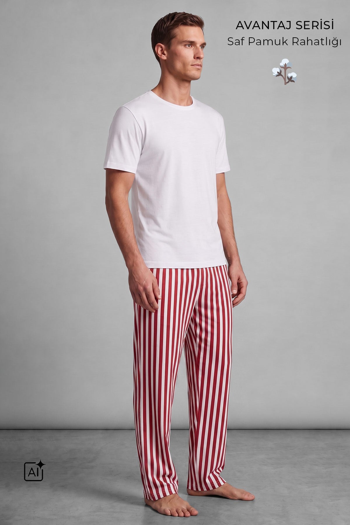 Mısırlı Erkek Pamuk Çizgili Pijama Takım Beyaz-Kırmızı