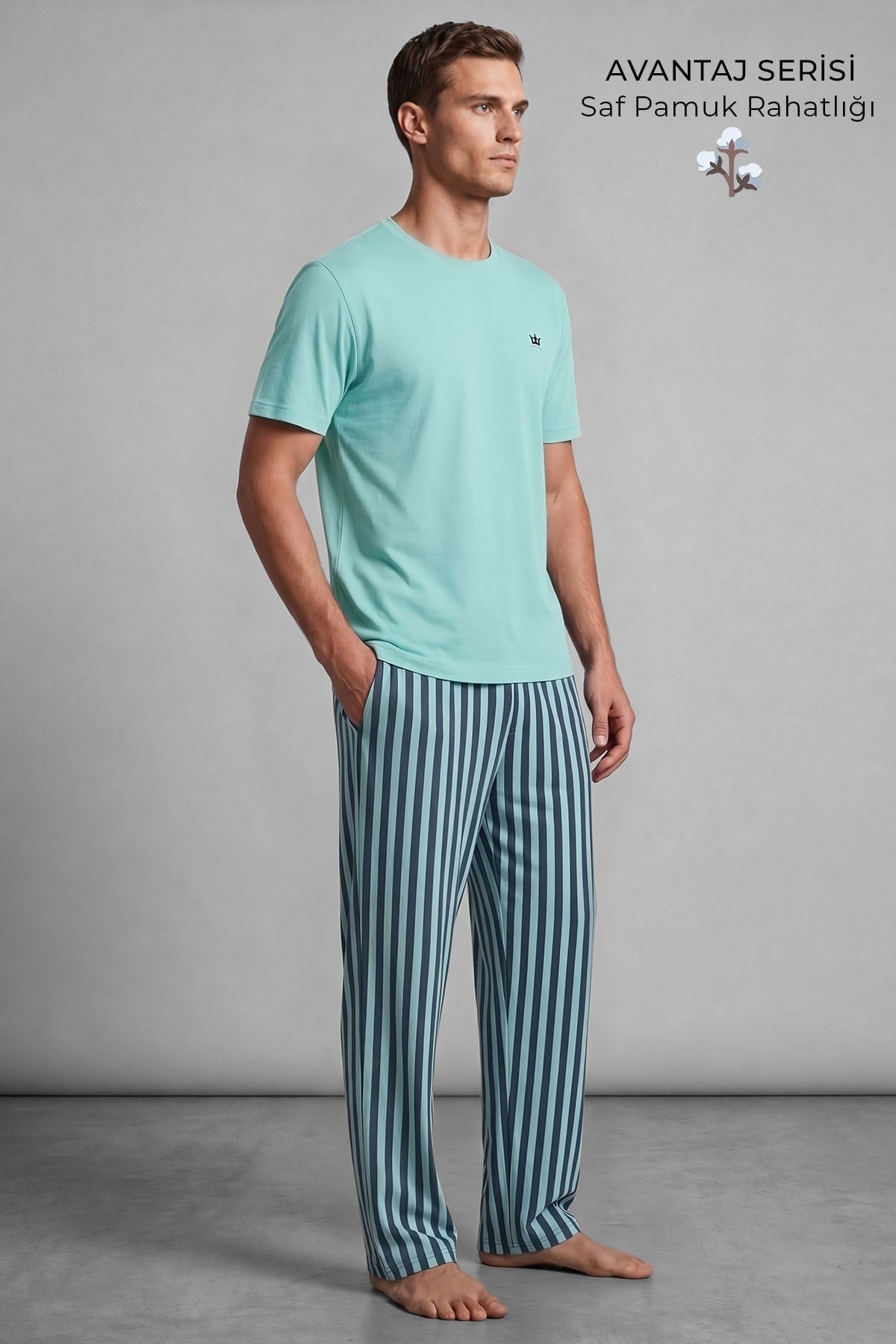 Mısırlı Erkek Pamuk Çizgili Pijama Takım Pastel Turkuaz