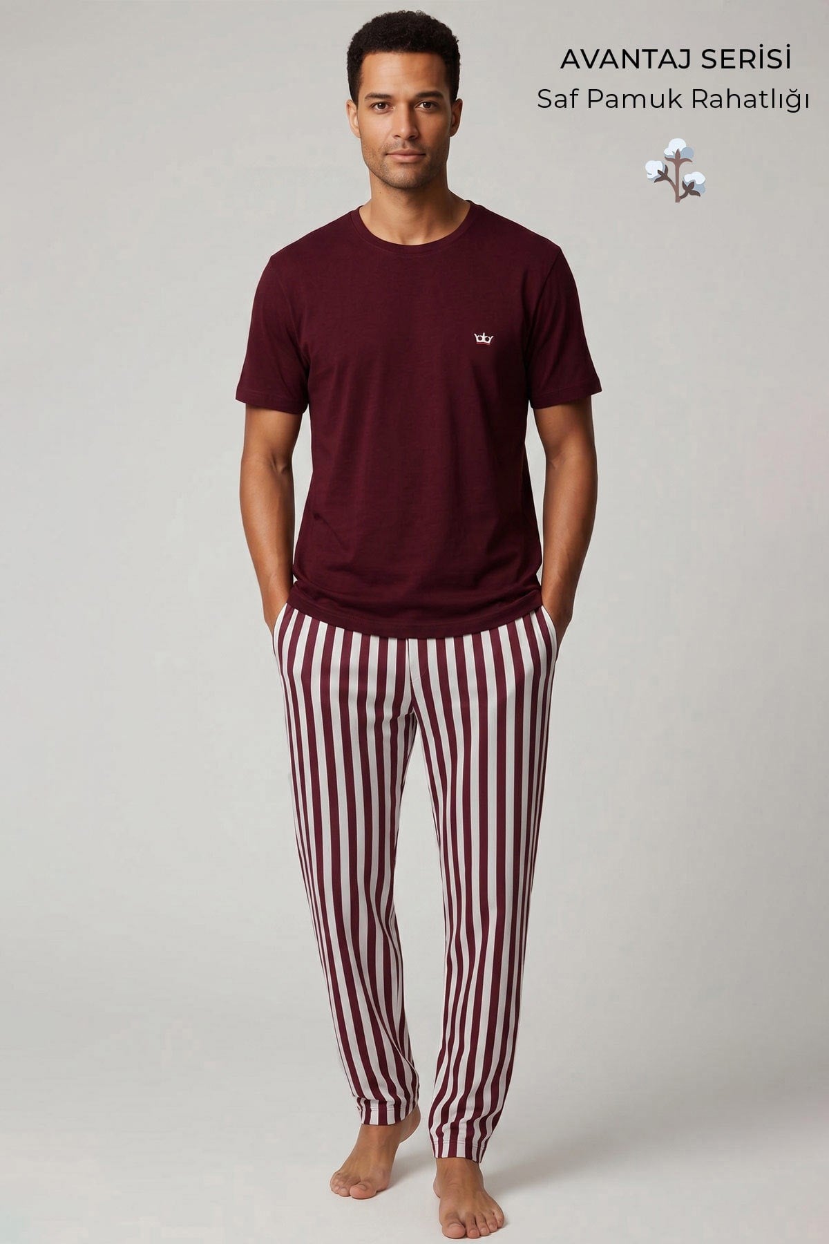 Mısırlı Erkek Pamuk Çizgili Pijama Takım Bordo