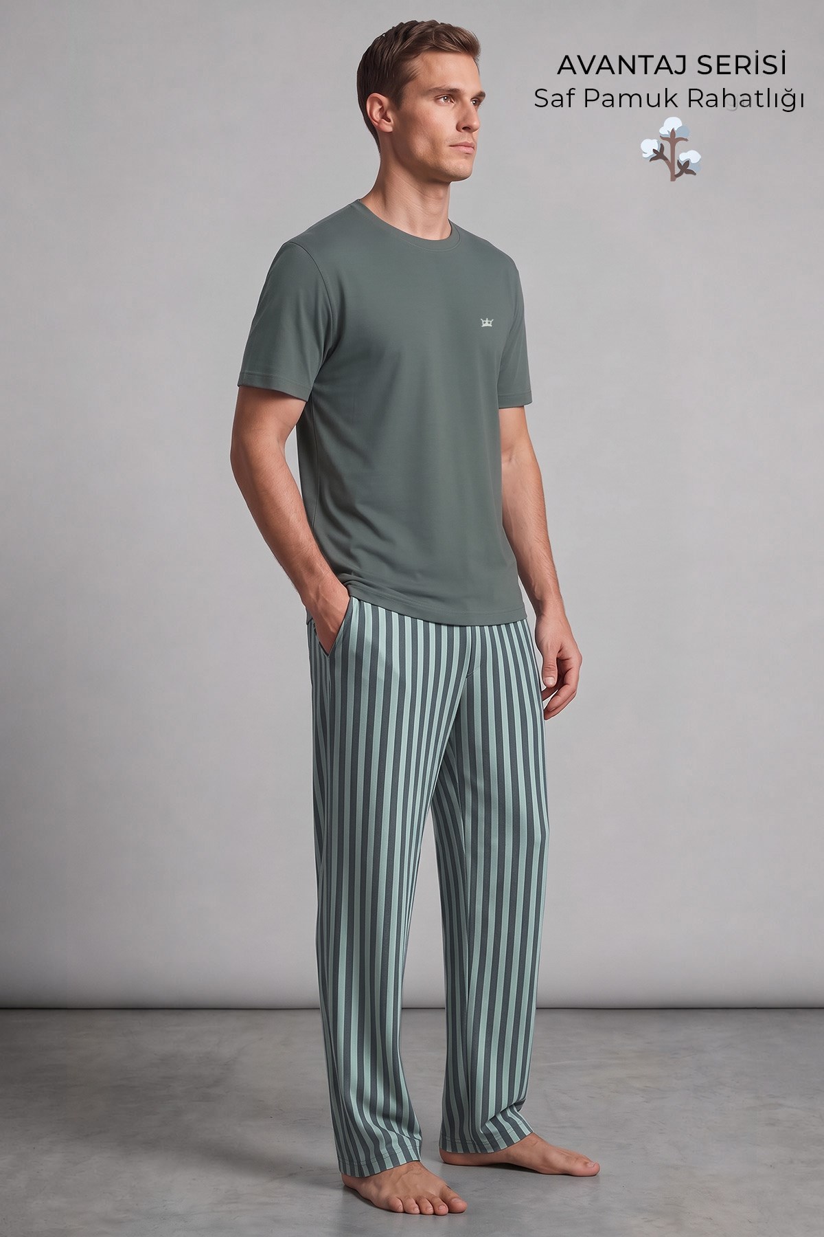 Mısırlı Erkek Pamuk Çizgili Pijama Takım Haki-Mint