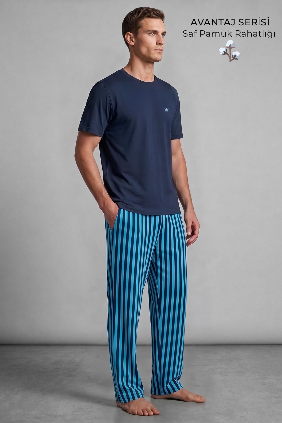 Mısırlı Erkek Pamuk Çizgili Pijama Takım Lacivert/Mavi