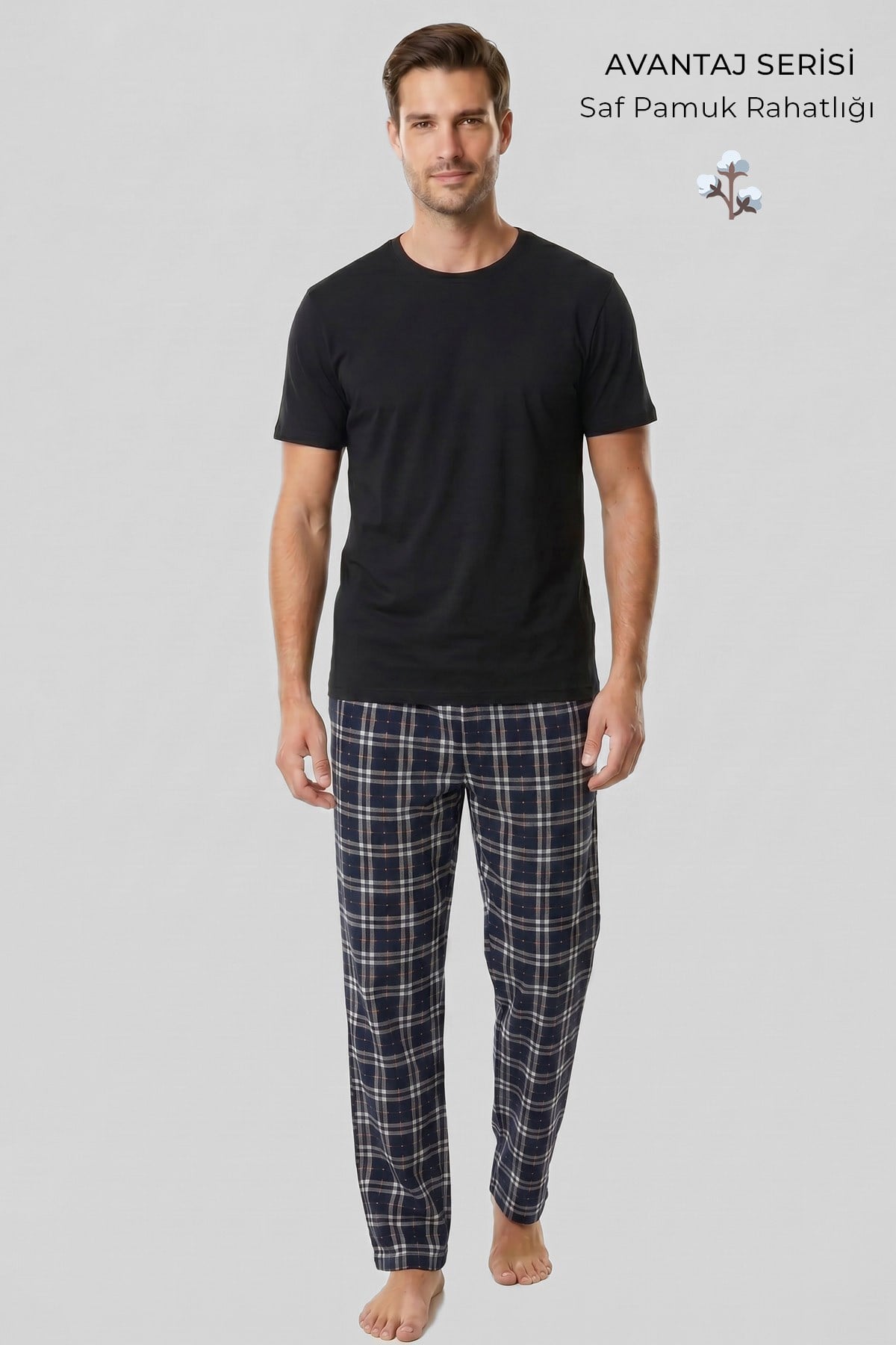 Mısırlı Erkek Pamuk Ekoseli Pijama Takım Saks