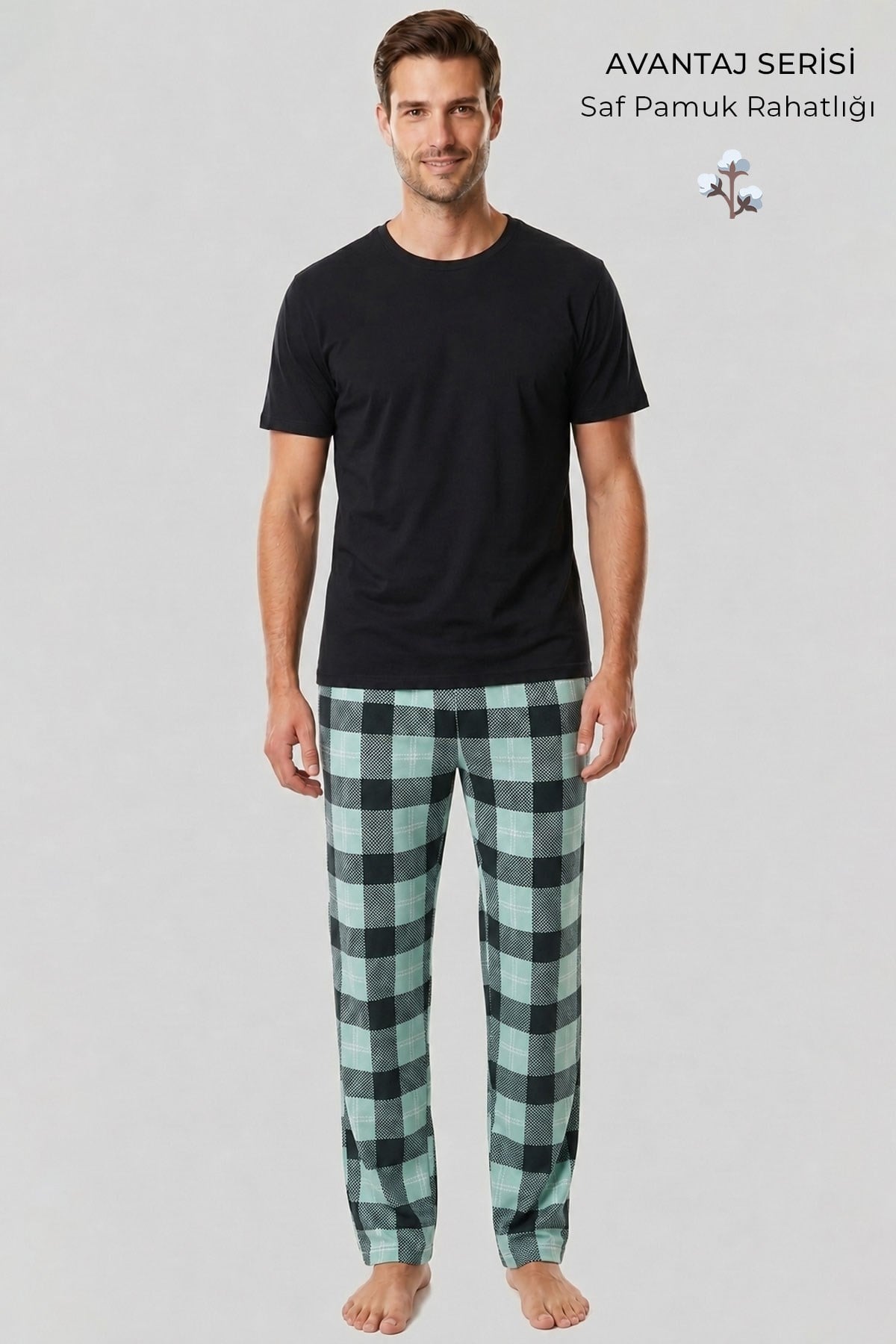Mısırlı Erkek Pamuk Ekoseli Pijama Takım Mint