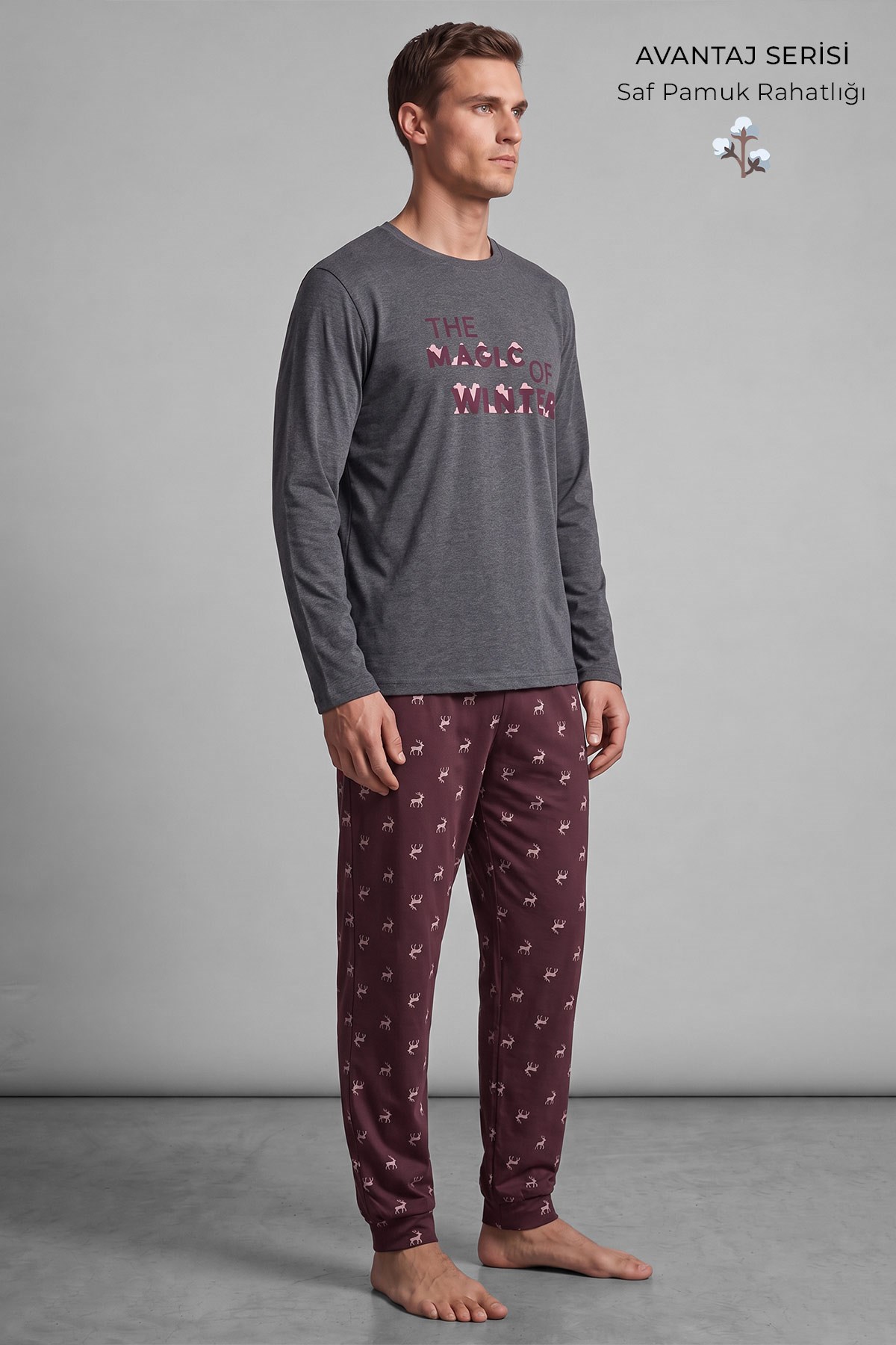 Mısırlı Erkek Pamuk Geyik Desenli Pijama Takım Antrasit/Bordo