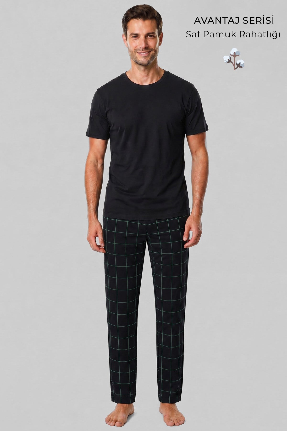 Mısırlı Erkek Pamuk İnce Ekoseli Alt  Pijama Siyah-Mint