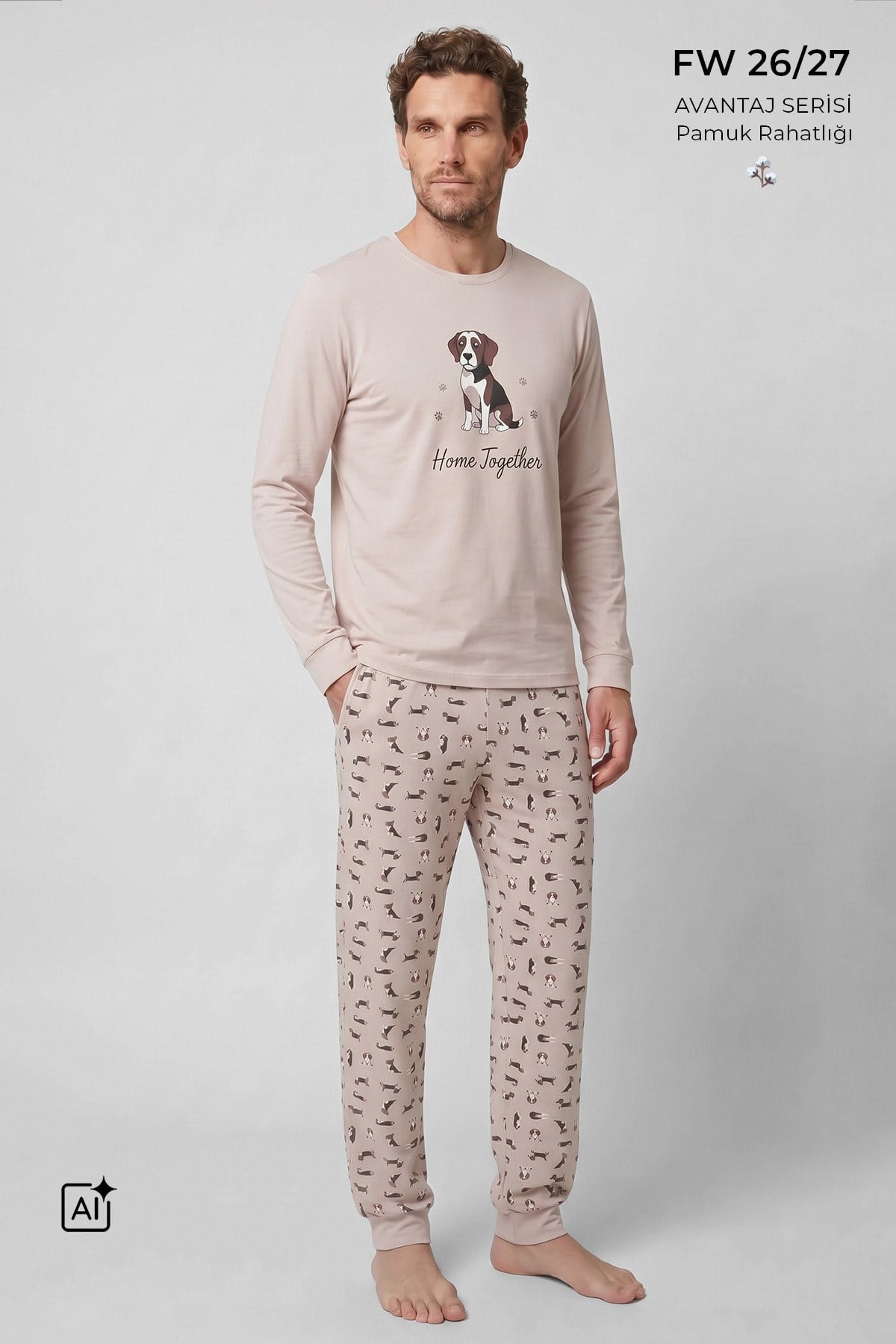 Mısırlı Erkek Pamuklu Baskılı Pijama Takım Ekru