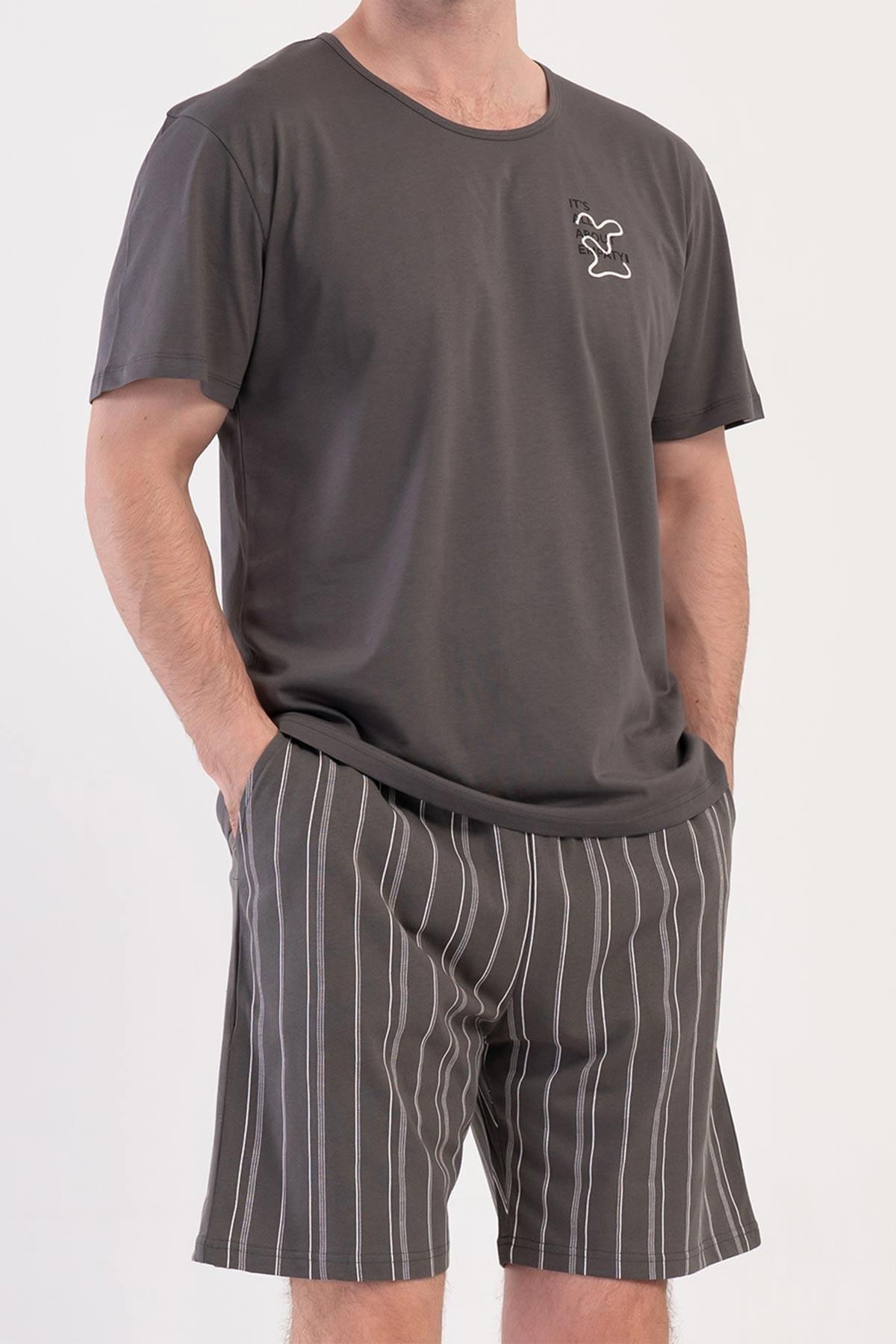 Mısırlı Erkek Pamuklu Kısa Kollu Şort Pijama Takımı Füme