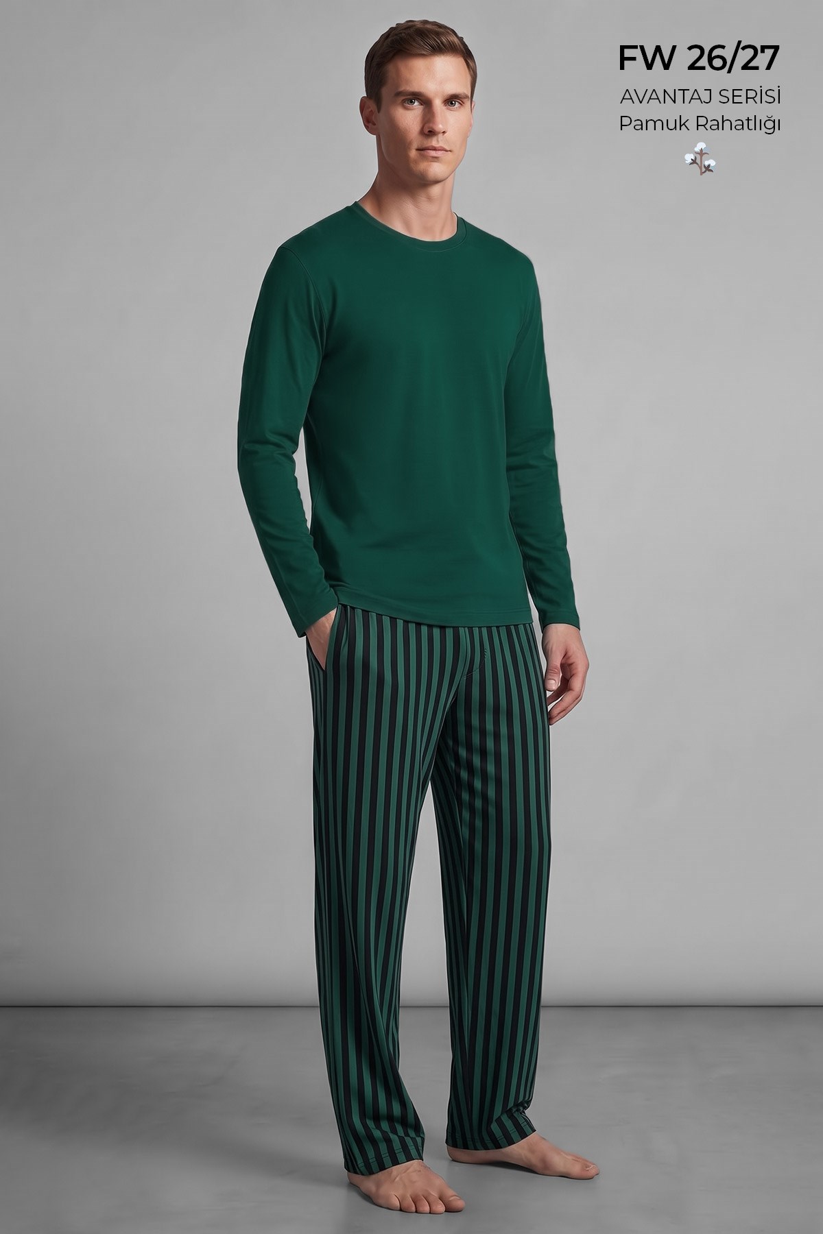 Mısırlı Erkek Pamuklu Uzun Kollu Pijama Takım Zümrüt Yeşil-Siyah