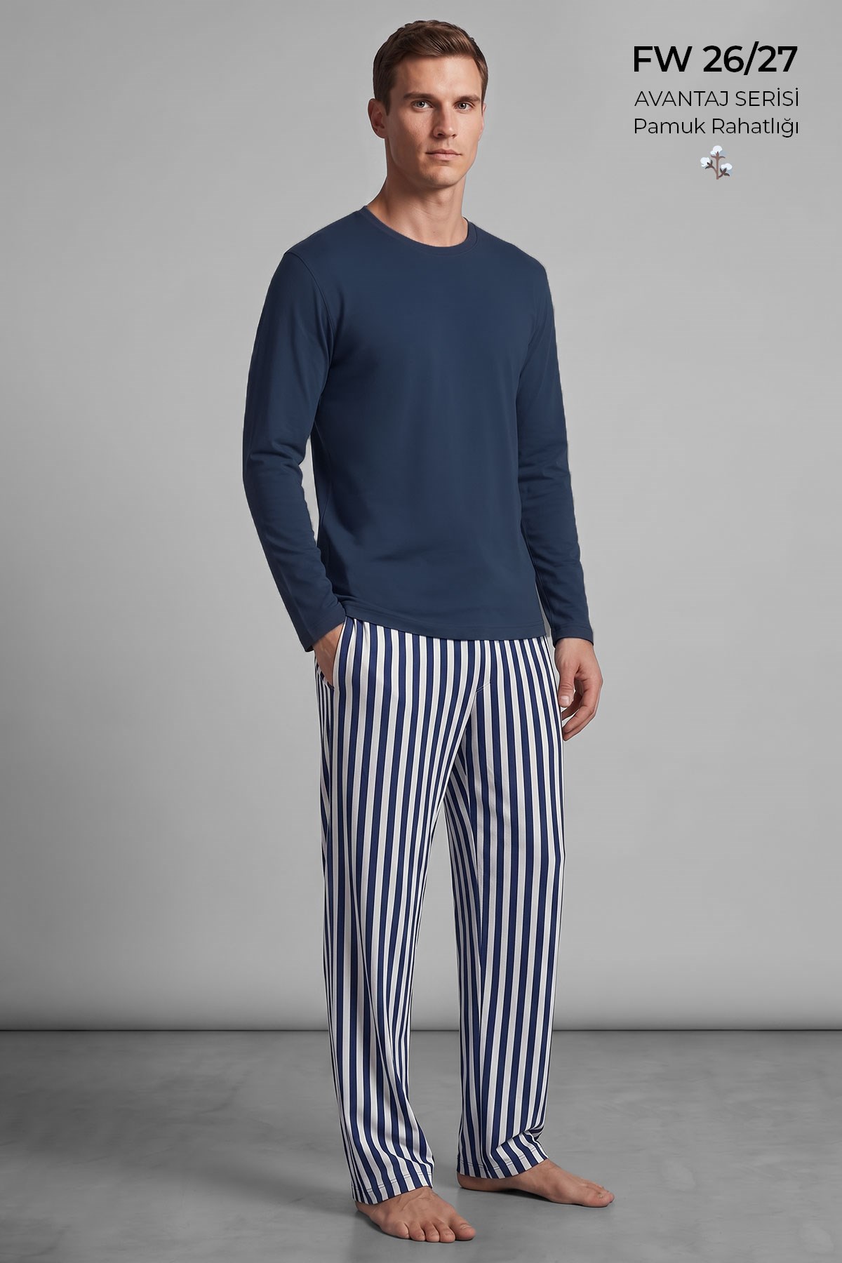 Mısırlı Erkek Pamuklu Uzun Kollu Pijama Takım Lacivert-Ekru