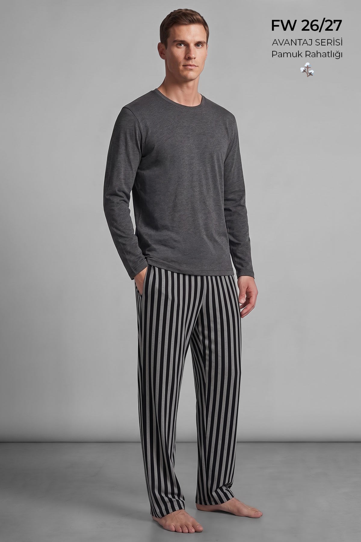 Mısırlı Erkek Pamuklu Uzun Kollu Pijama Takım Antrasit-Siyah