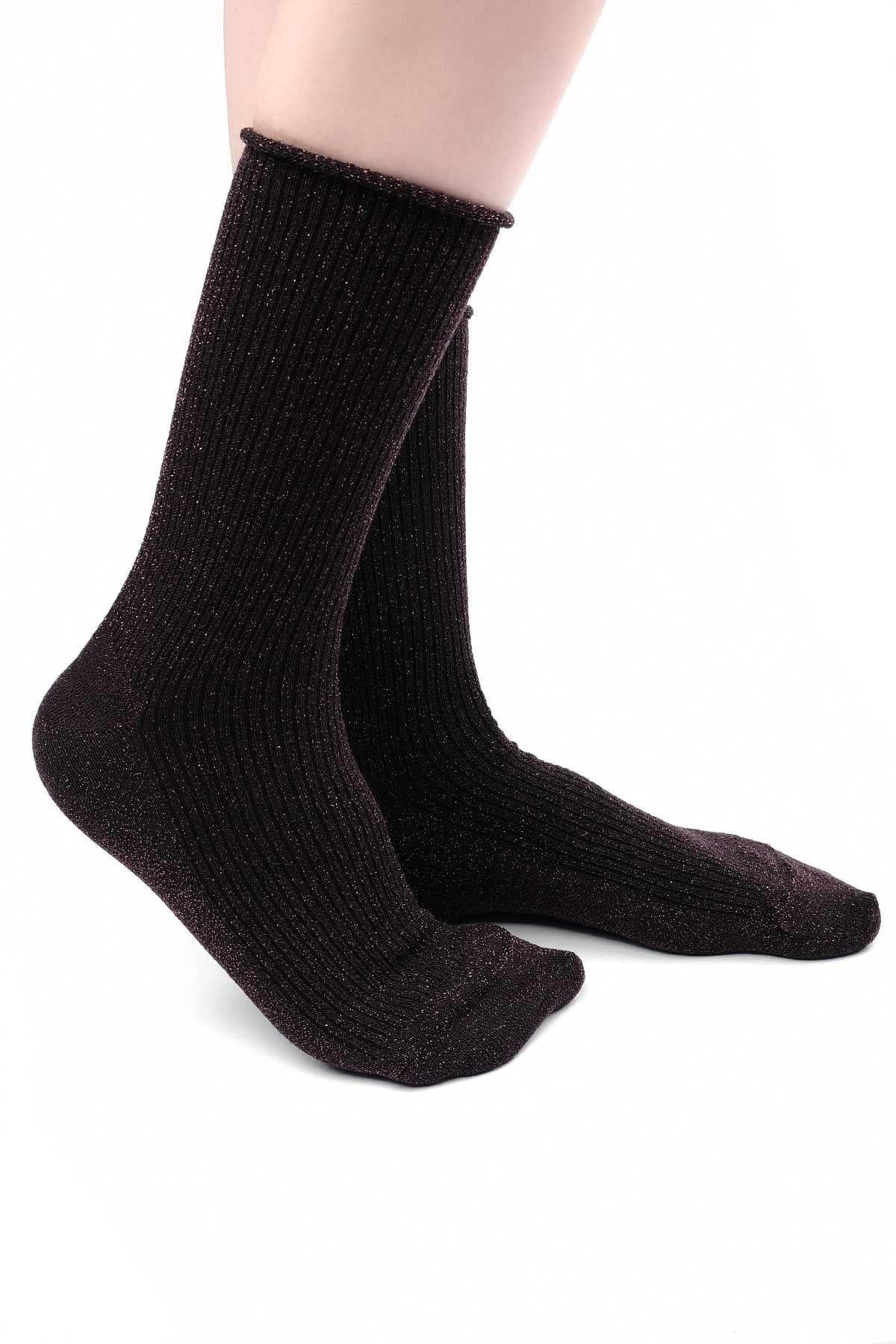 Mısırlı Kadın Bambu Simli Soket Çorap Koyu Kahverengi