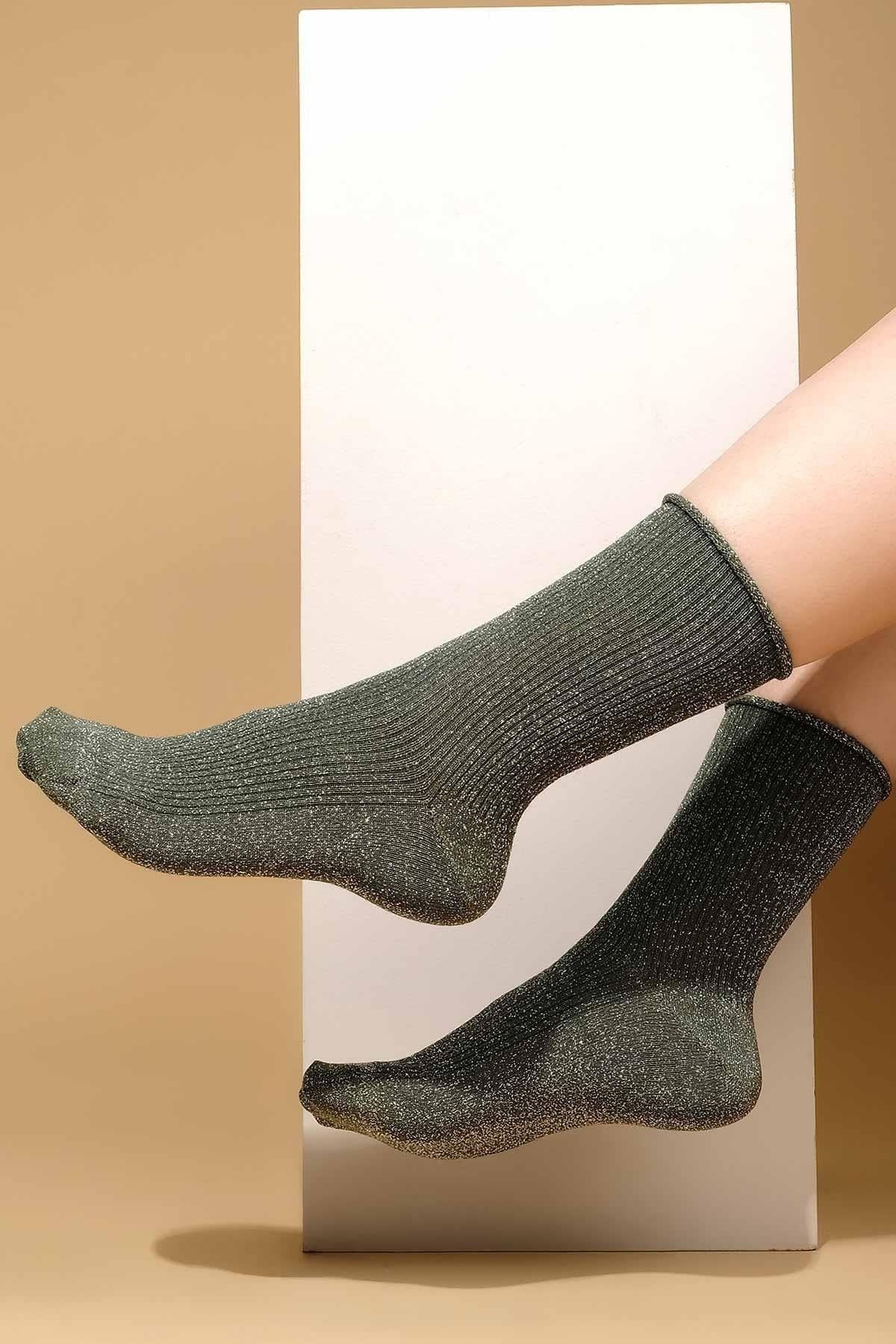 Mısırlı Kadın Bambu Simli Soket Çorap Yeşil