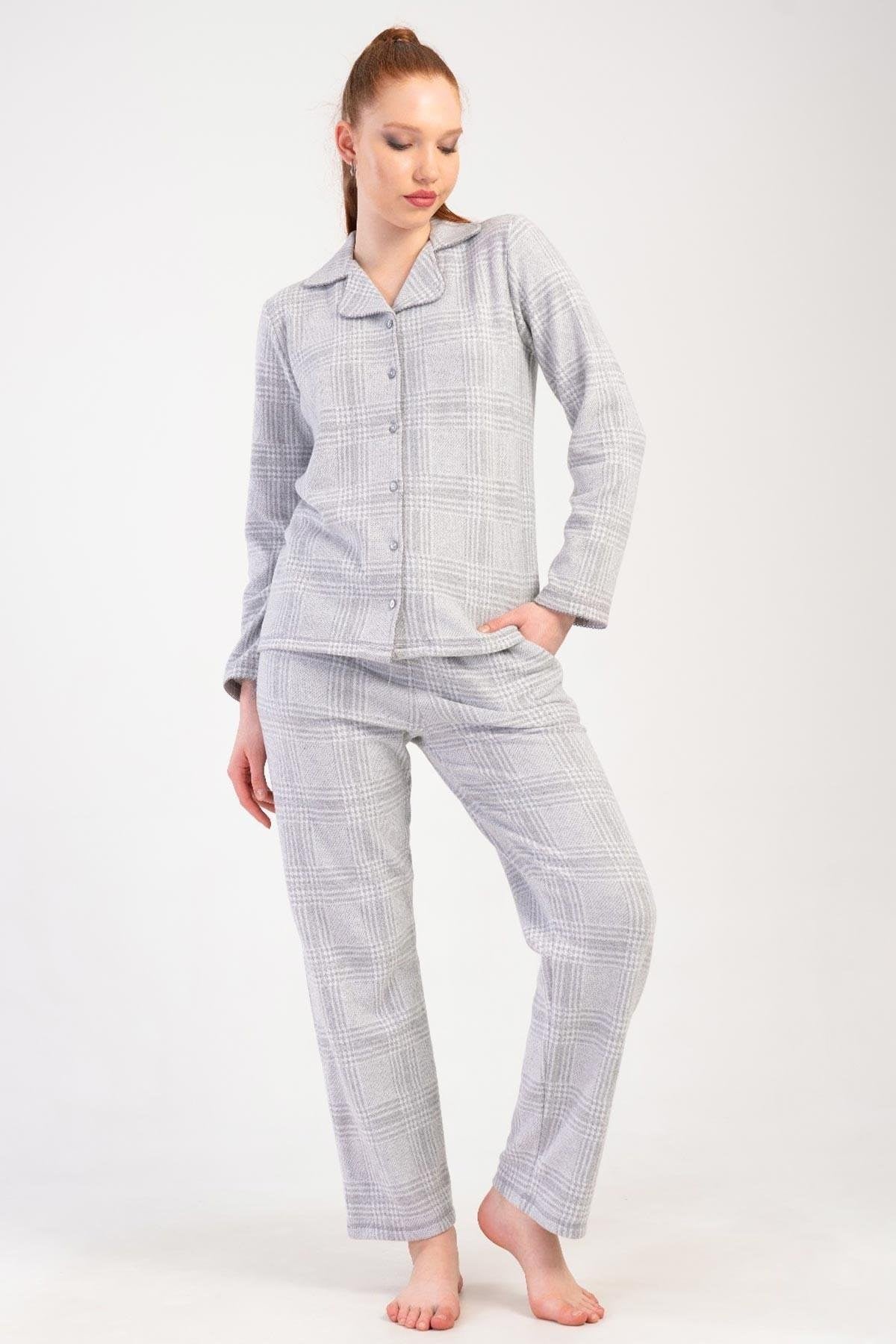Mısırlı Kadın İnterlok Uzun Kollu Gömlek Pijama Takımı Açık Gri