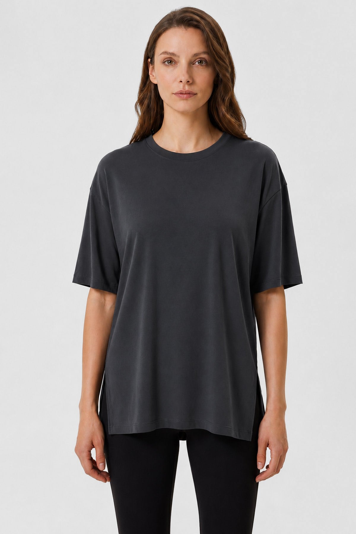 Mısırlı Kadın Modal Uzun Yırtmaçlı T-Shirt Antrasit