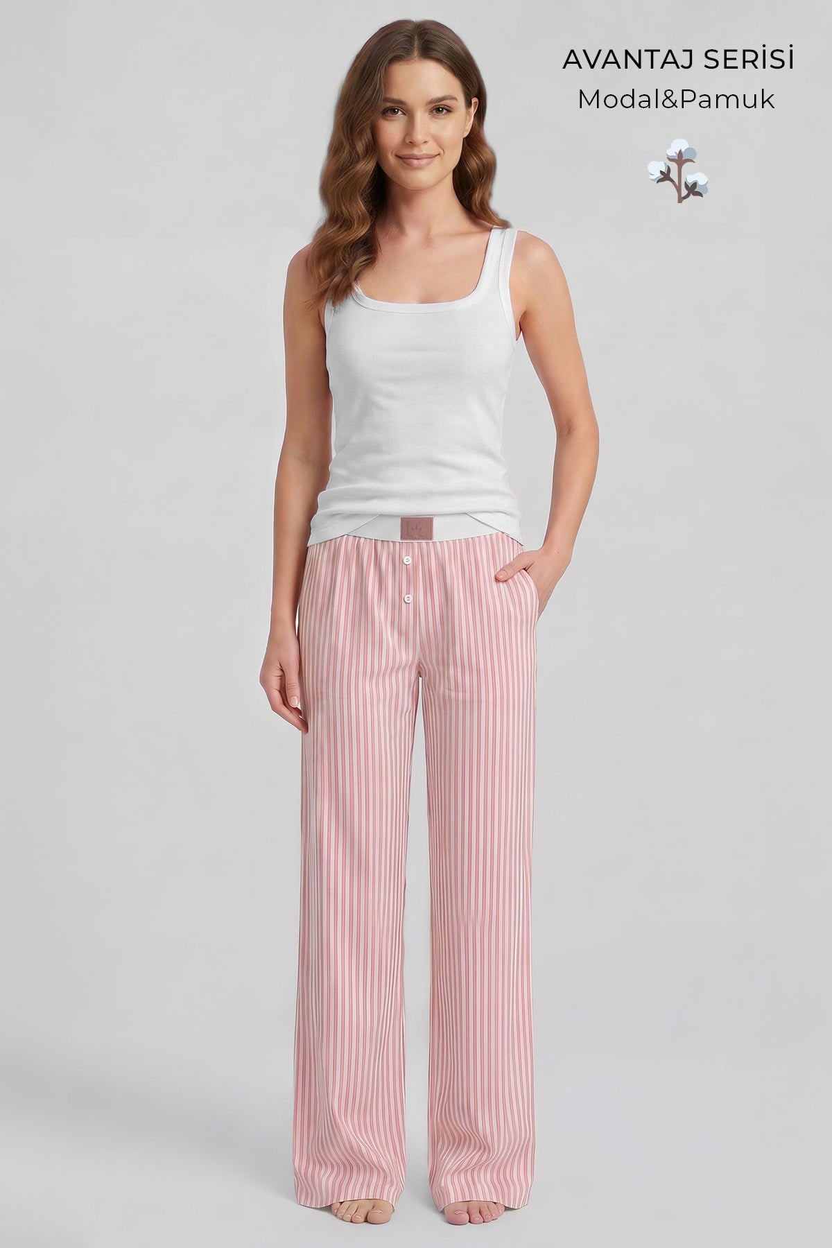 Mısırlı Kadın Modal&Pamuk Karışımlı Askılı Pijama Takım Beyaz-Somon Çizgili