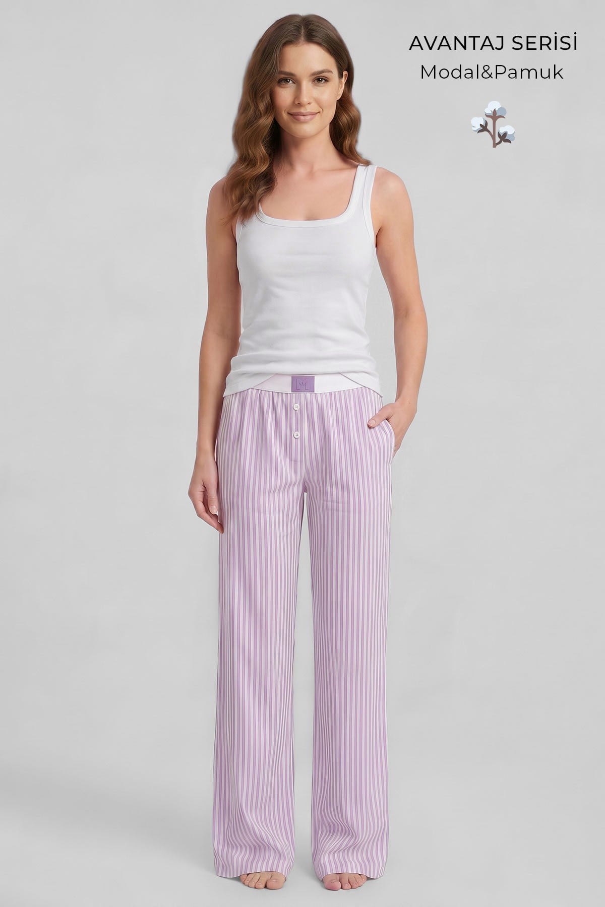 Mısırlı Kadın Modal&Pamuk Karışımlı Askılı Pijama Takım Beyaz-Lila Çizgili