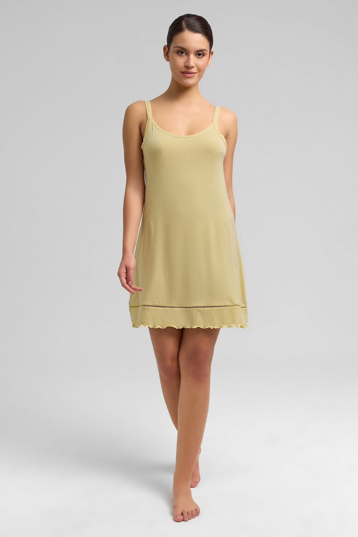 Mısırlı Kadın Örme İp Askılı Gecelik Açık Sarı