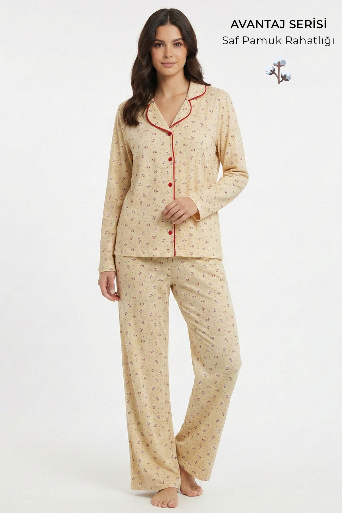 Mısırlı Kadın Pamuk Biye Detaylı Pijama Takım Ekru