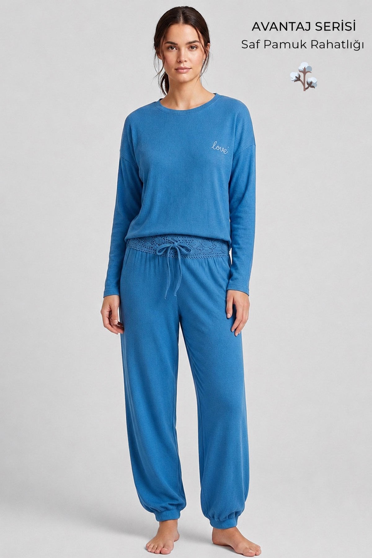 Mısırlı Kadın Pamuk Dantel Detaylı Pijama Takım Saks