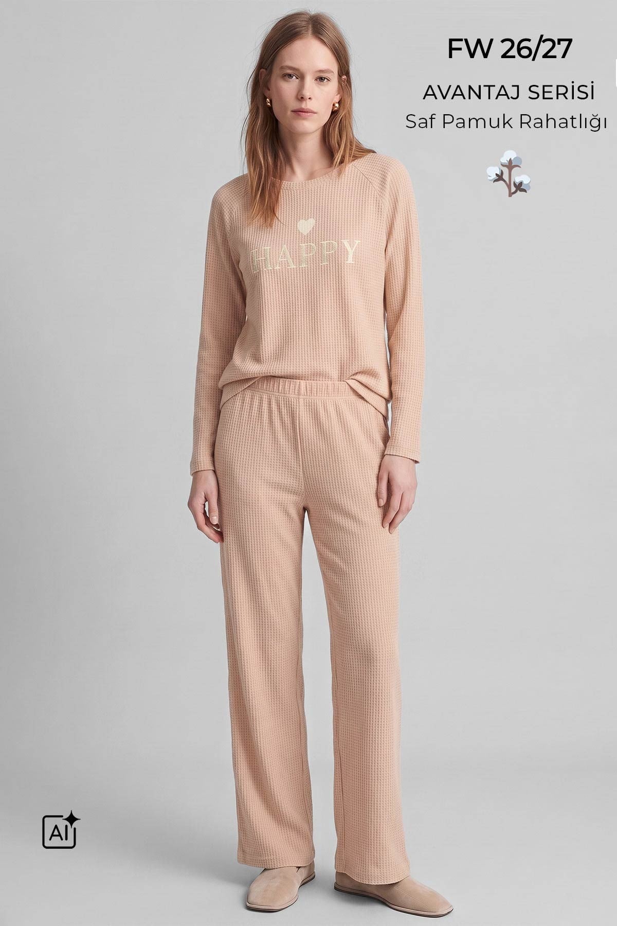 Mısırlı Kadın Pamuk Gofre Kumaş Pijama Takım Açık Pembe