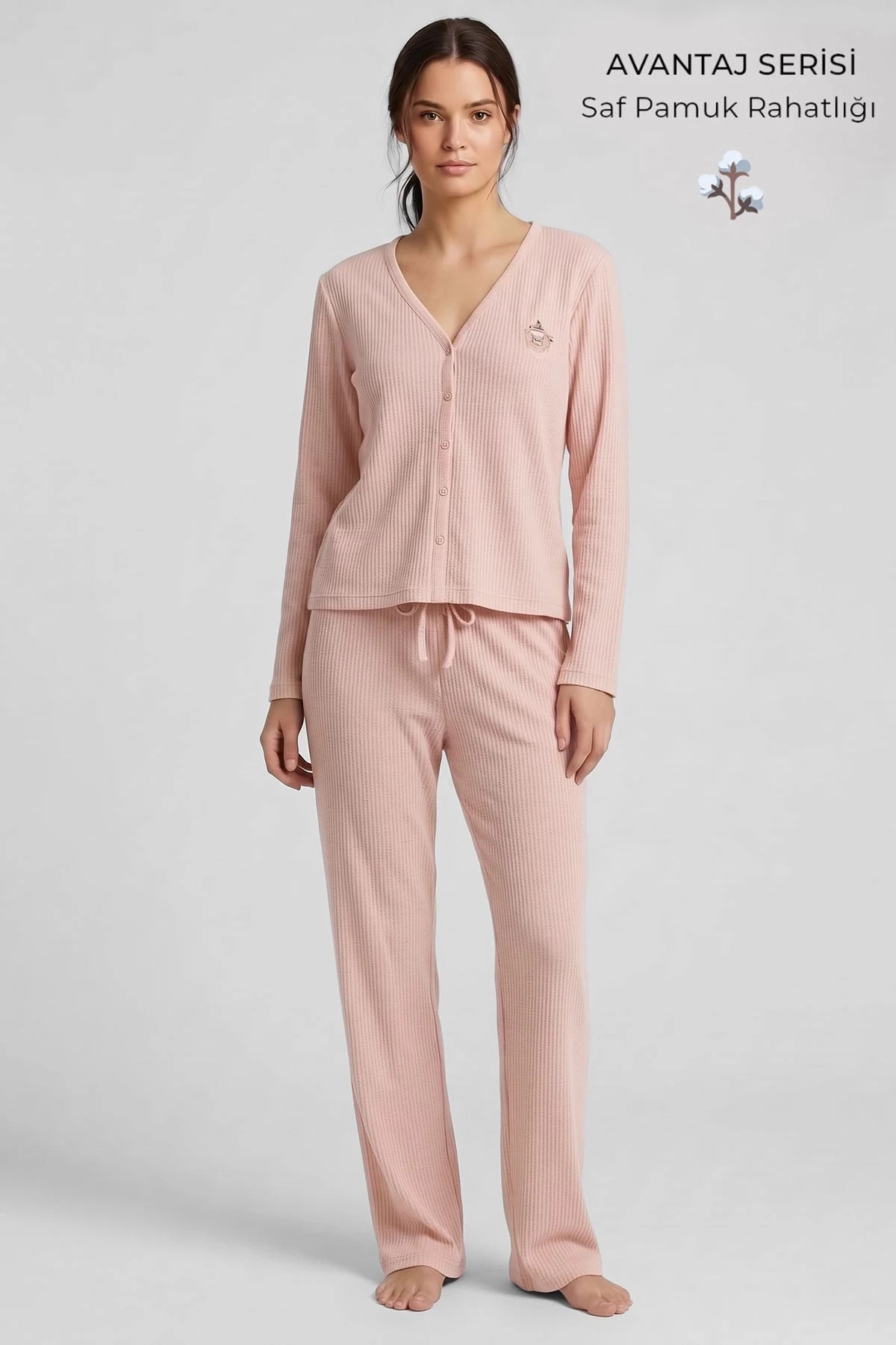Mısırlı Kadın Pamuk Gofre V Yaka Pijama Takım Açık Pembe