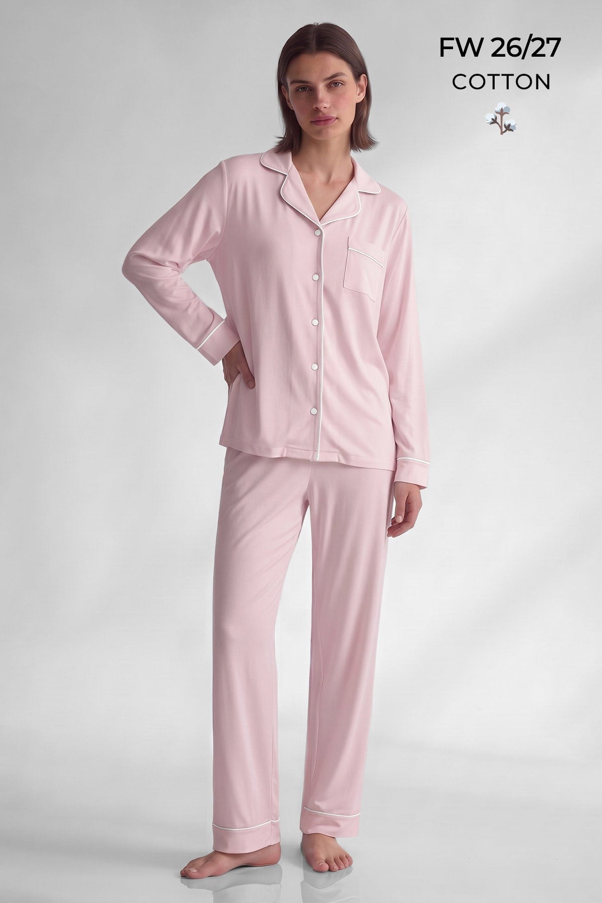 Mısırlı Kadın Pamuk Karışımlı Düz Pijama Takım Pudra