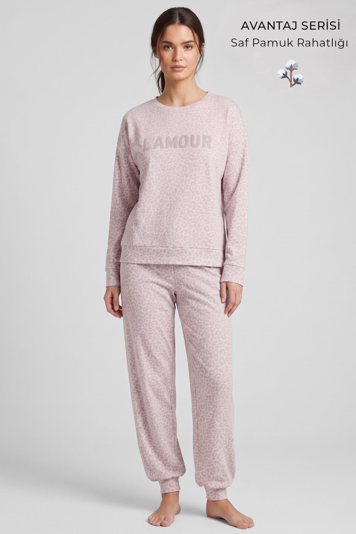 Mısırlı Kadın Pamuk Nakış Detaylı Ribanalı Pijama Takım Açık Pembe