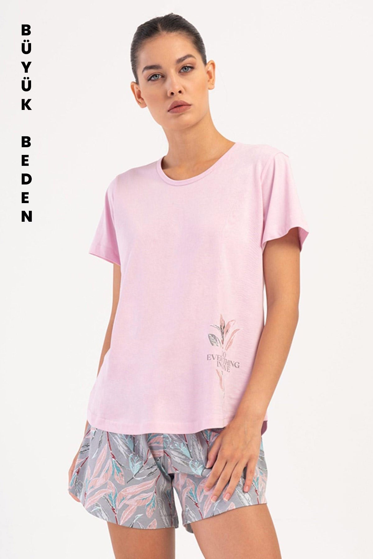 Mısırlı Kadın Pamuklu Büyük Beden Kısa Kol Şort Pijama Takımı Gül Kurusu