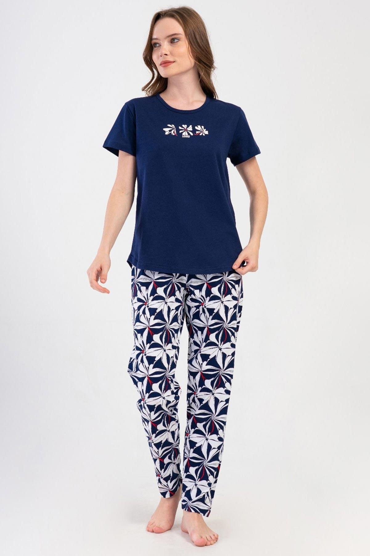 Mısırlı Kadın Pamuklu Kısa Kollu Pijama Takımı Lacivert