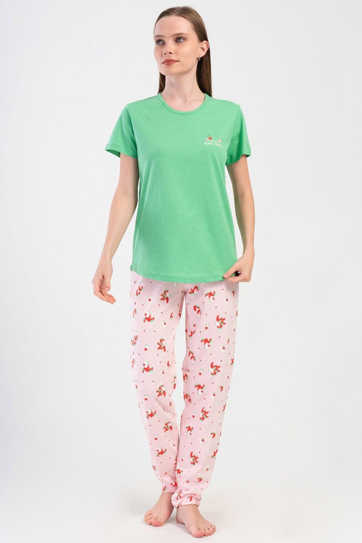 Mısırlı Kadın Pamuklu Kısa Kollu Pijama Takımı Yeşil