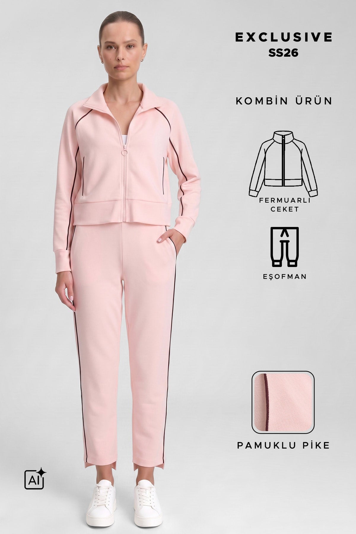 Mısırlı Kadın Pike Fermuarlı Ceket Pantolon Takım Açık Pembe