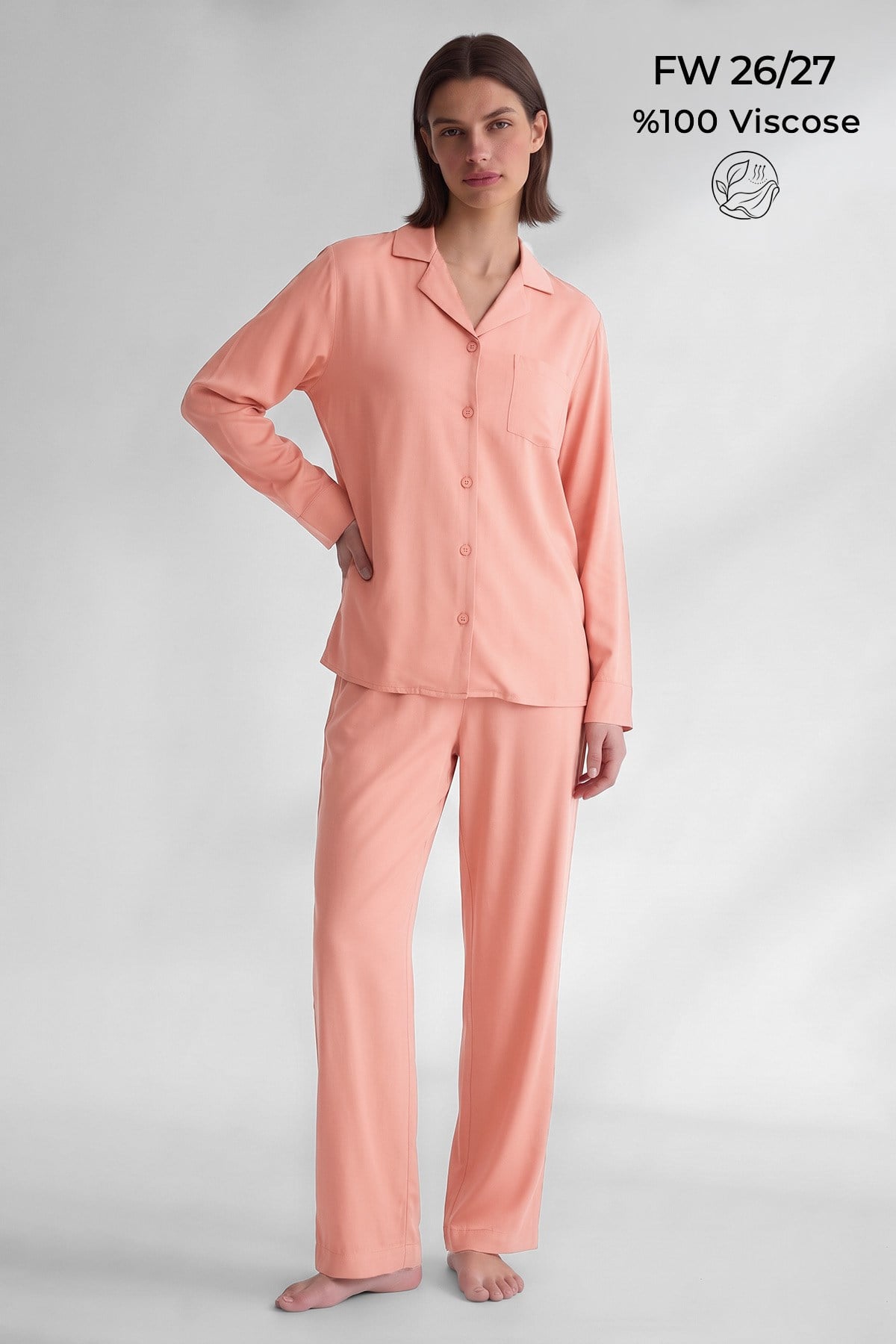 Mısırlı Kadın Viskon Cepli Pijama Takım Somon
