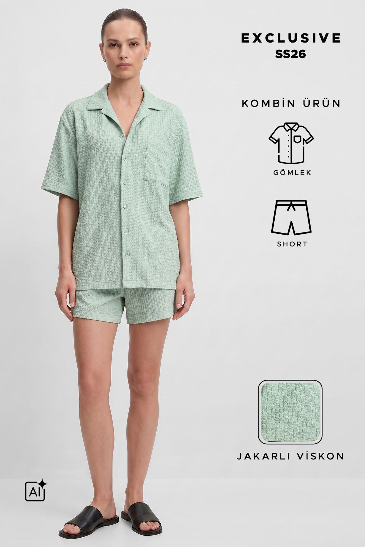 Mısırlı Kadın Viskon Oversize Gömlekli Şort Takım Mint