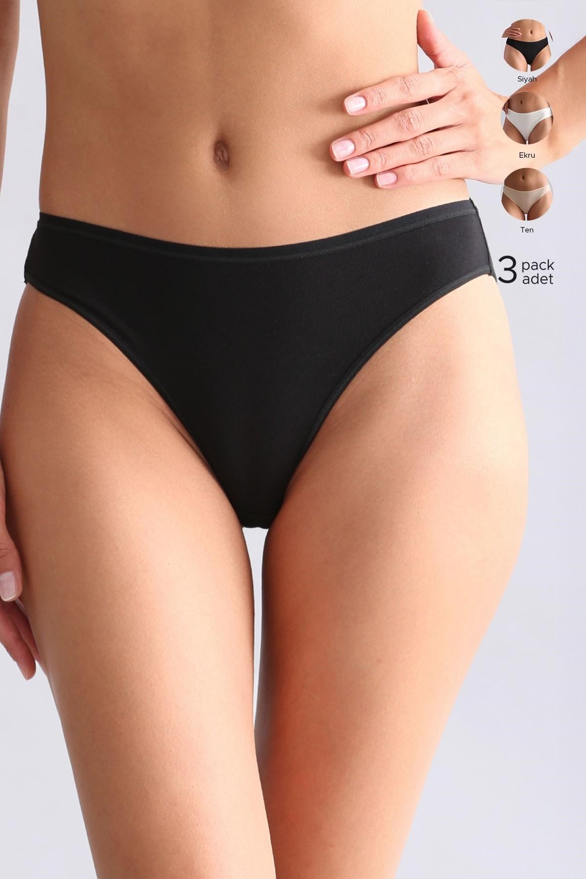 Mısırlı Modal by TENCEL HERA İnce Lastikli 3'lü Brazillian Külot Siyah-Beyaz-Ten