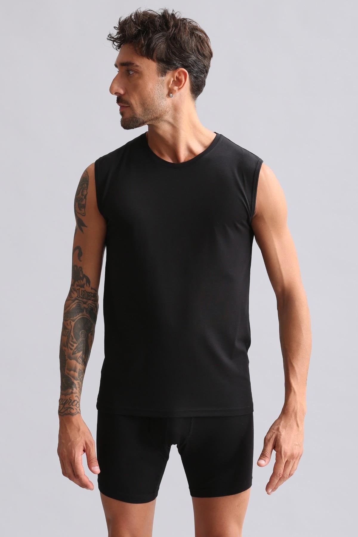 Mısırlı Modal by TENCEL HERCULES Slim Fit Bisiklet Yaka Sporcu Atlet / T-Shirt Siyah