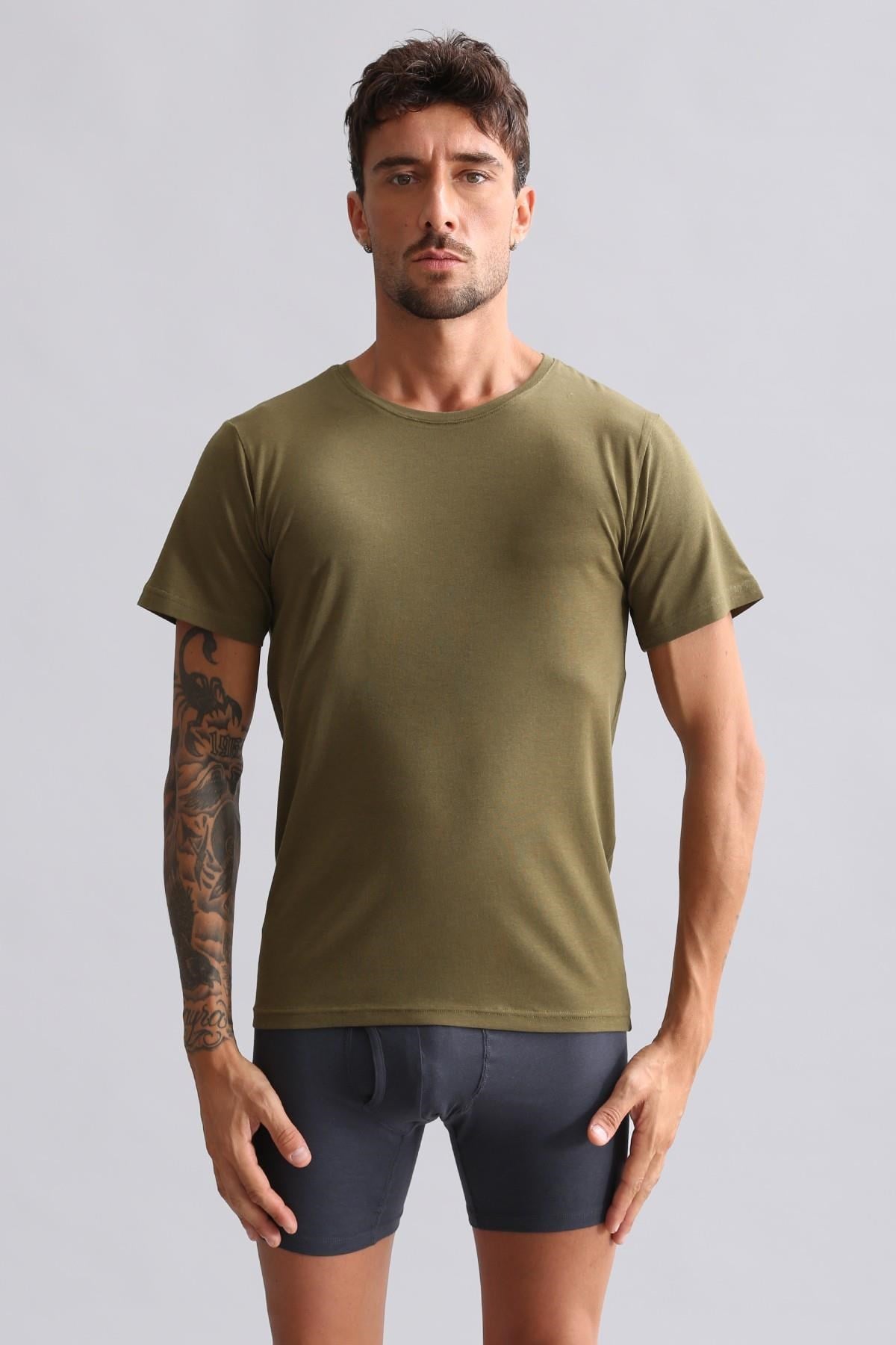 Mısırlı Modal by TENCEL HERCULES Slim Fit Bisiklet Yaka Fanila / T-Shirt Koyu Haki
