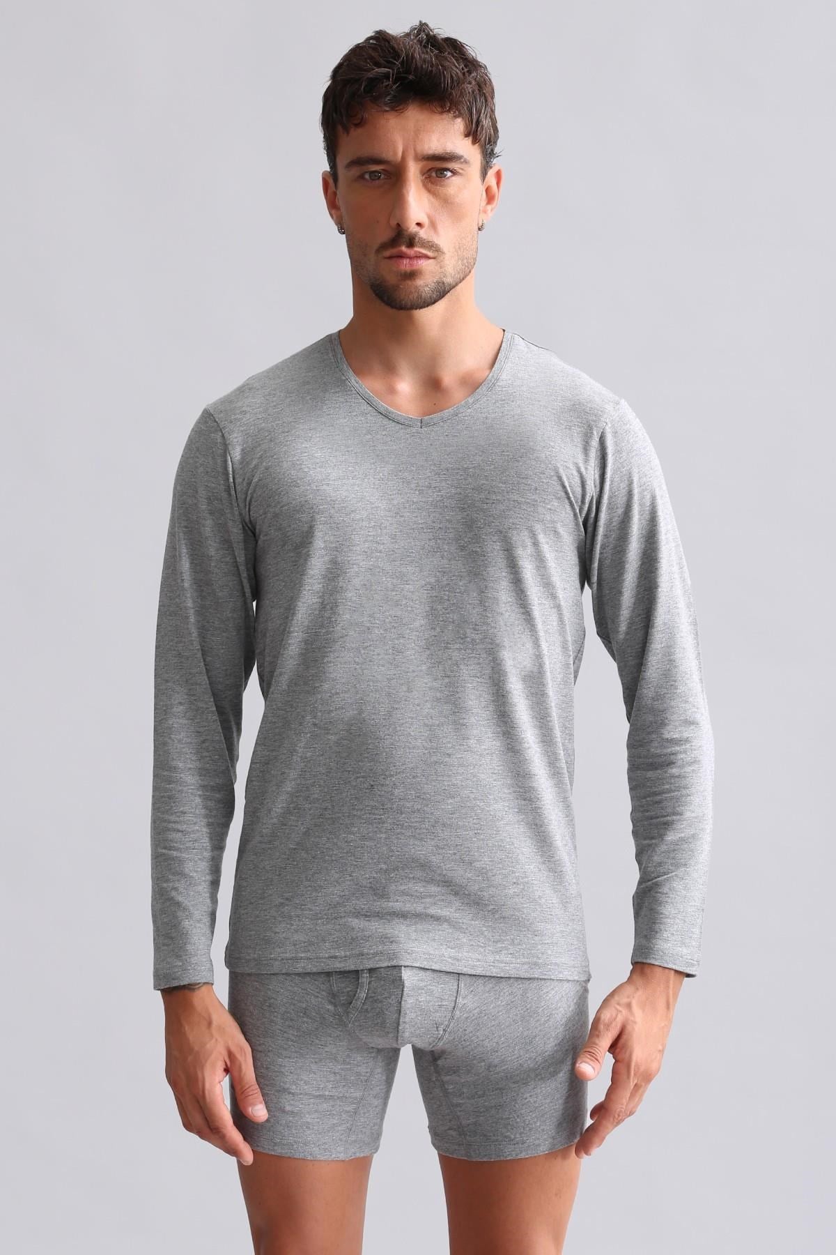 Mısırlı Modal by TENCEL HERCULES Slim Fit V Yaka Uzun Kollu Fanila / T-Shirt Gri Melanj
