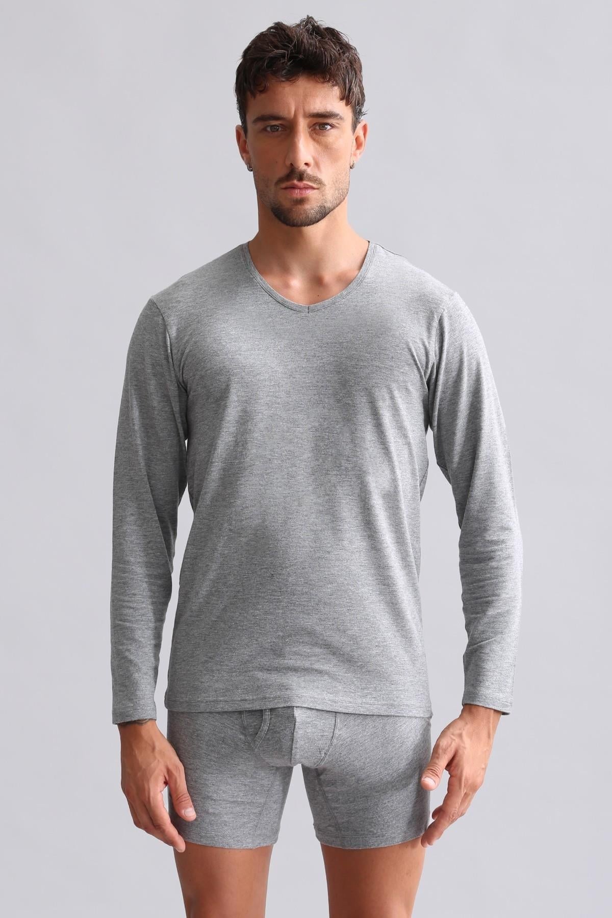 Mısırlı Modal by TENCEL HERCULES Slim Fit V Yaka Uzun Kollu Fanila / T-Shirt Gri Melanj