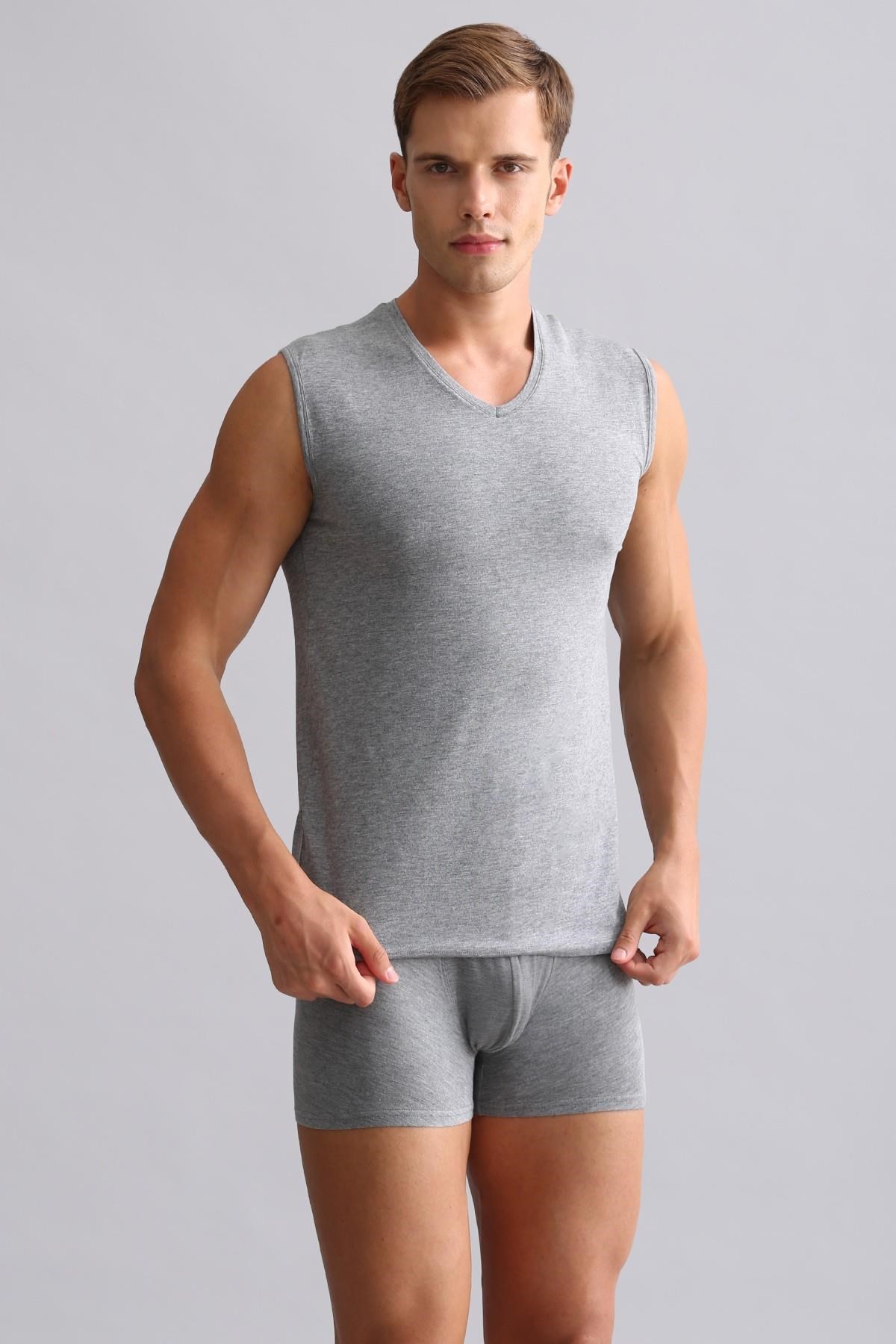 Mısırlı Modal by TENCEL HERCULES Slim Fit V Yaka Sporcu Atlet / T-Shirt Gri Melanj
