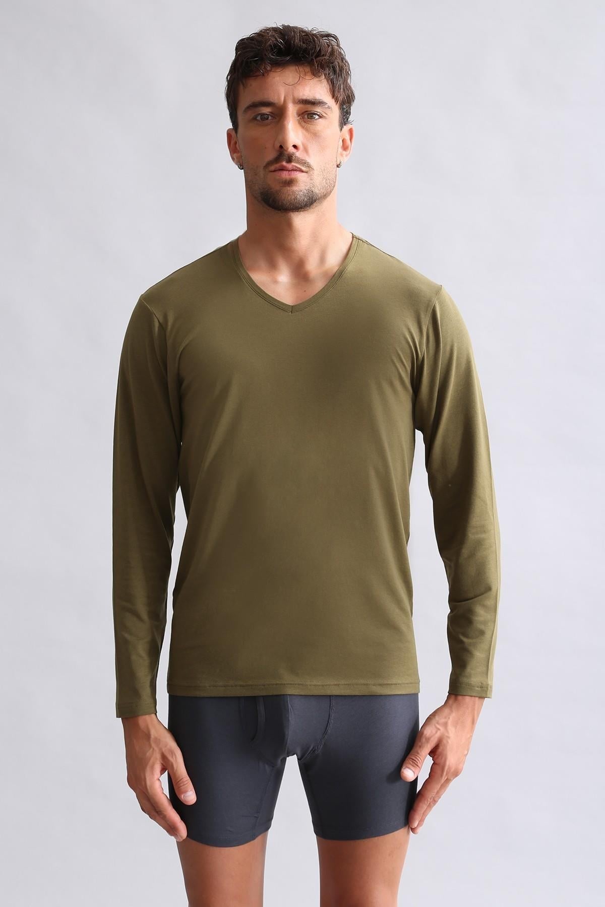 Mısırlı Modal by TENCEL HERCULES Slim Fit V Yaka Uzun Kollu Fanila / T-Shirt Koyu Haki