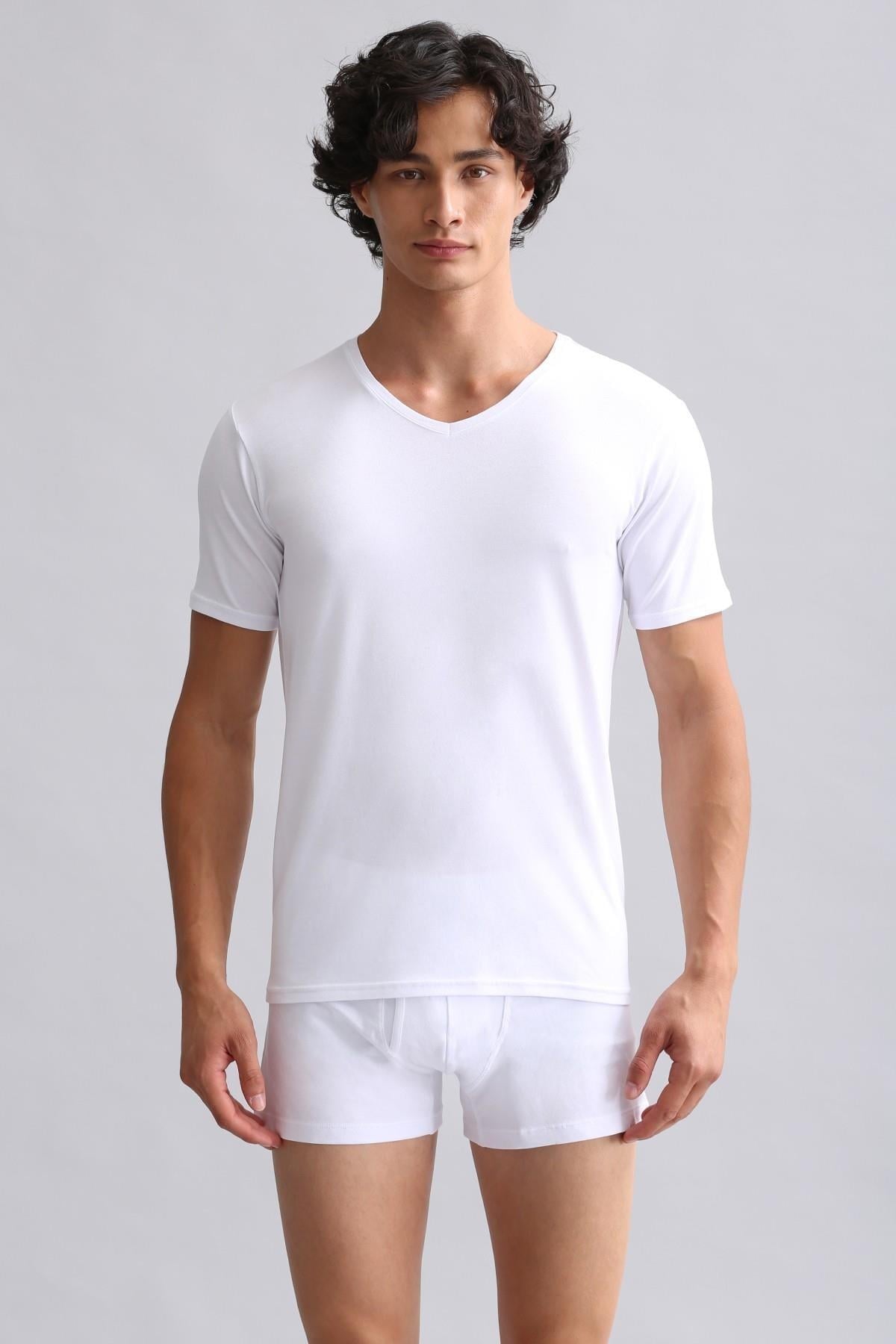 Mısırlı Modal by TENCEL HERCULES Slim Fit V Yaka Fanila / T-Shirt Beyaz