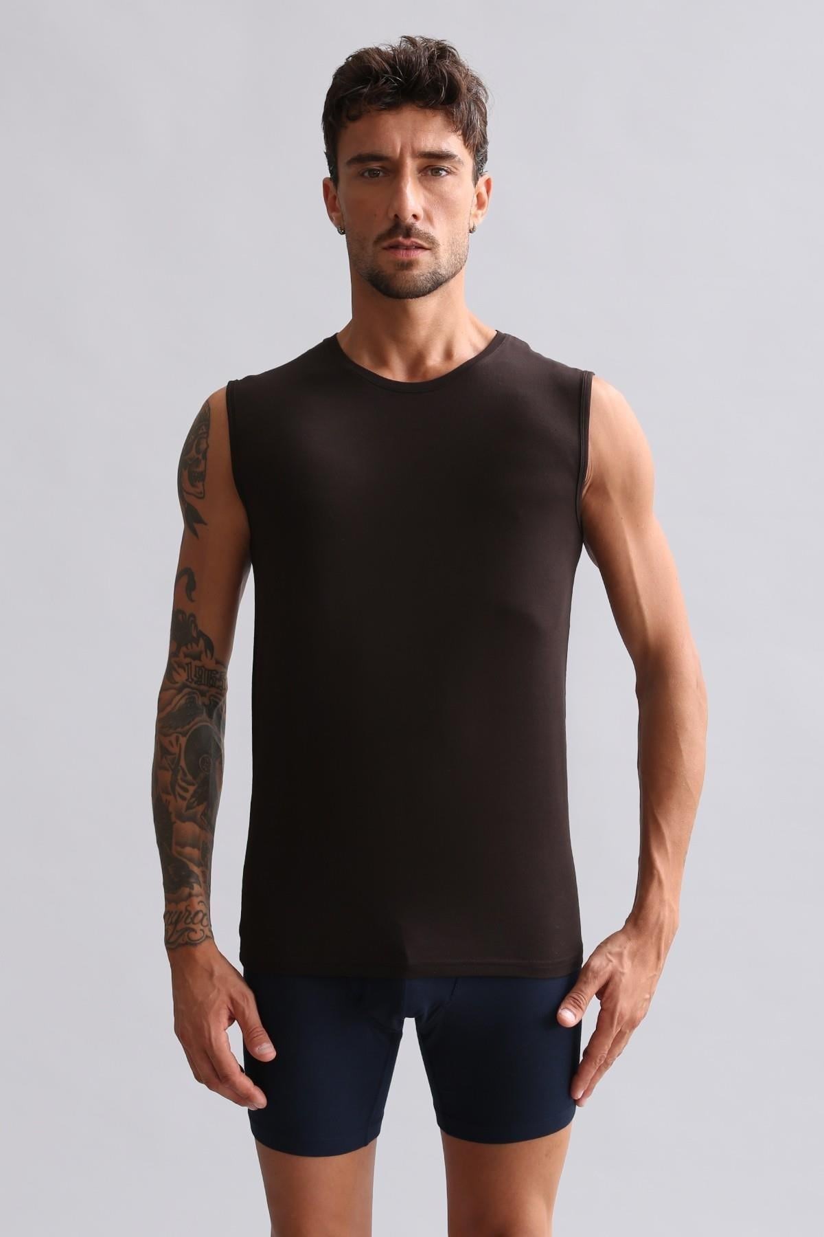 Mısırlı Modal by TENCEL HERCULES Slim Fit Bisiklet Yaka Sporcu Atlet / T-Shirt Kahverengi