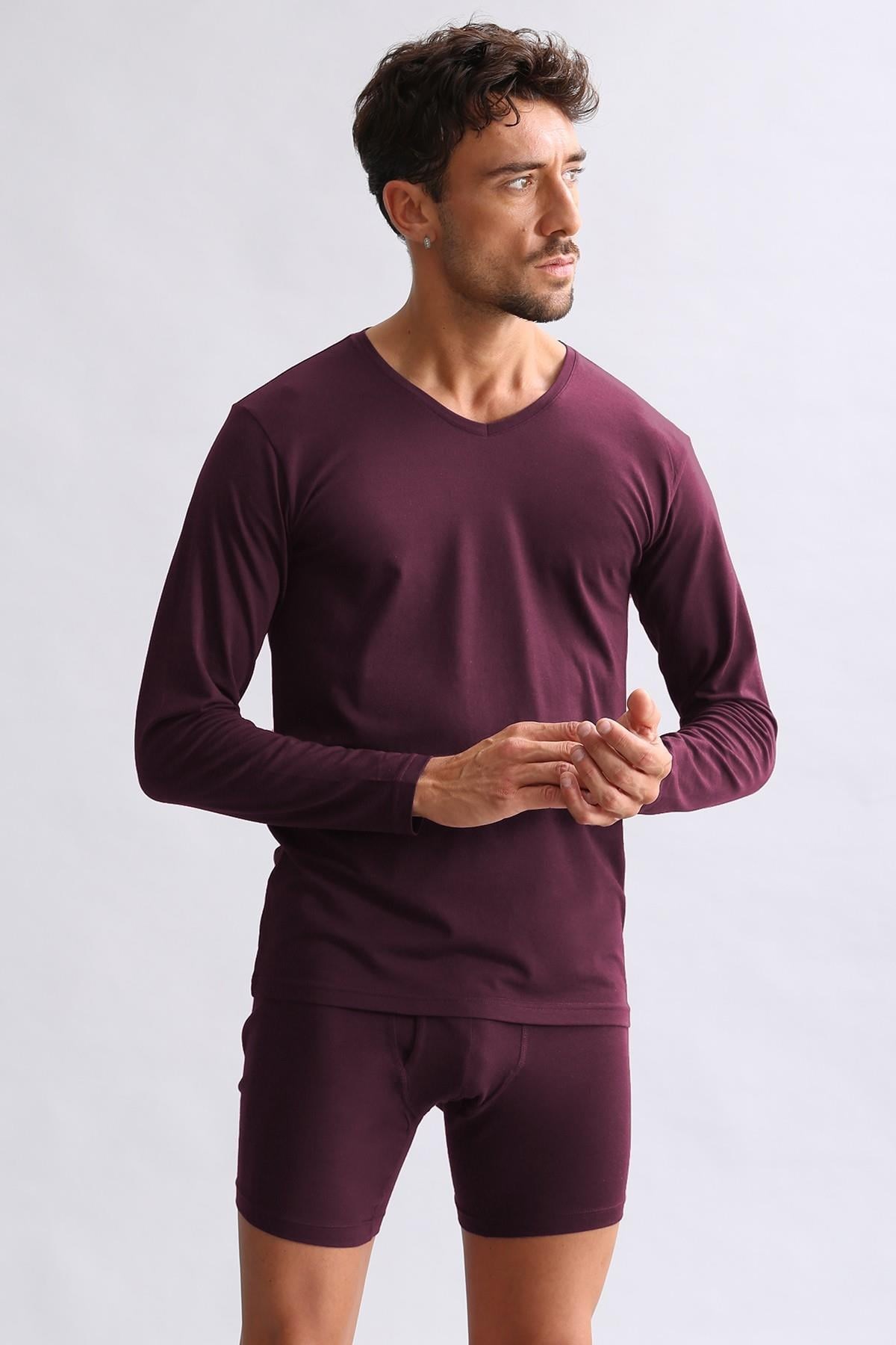 Mısırlı Modal by TENCEL HERCULES Slim Fit V Yaka Uzun Kollu Fanila / T-Shirt Mor