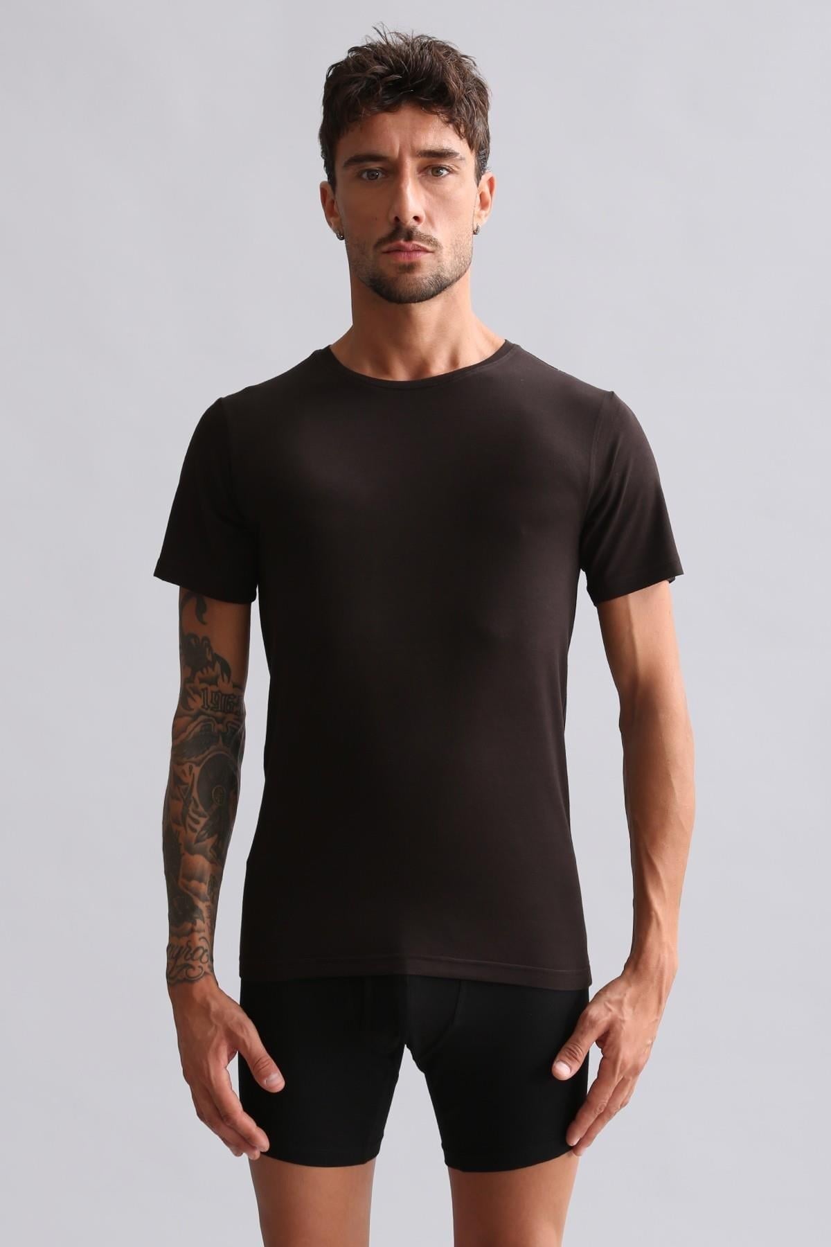Mısırlı Modal by TENCEL HERCULES Slim Fit Bisiklet Yaka Fanila / T-Shirt Kahverengi